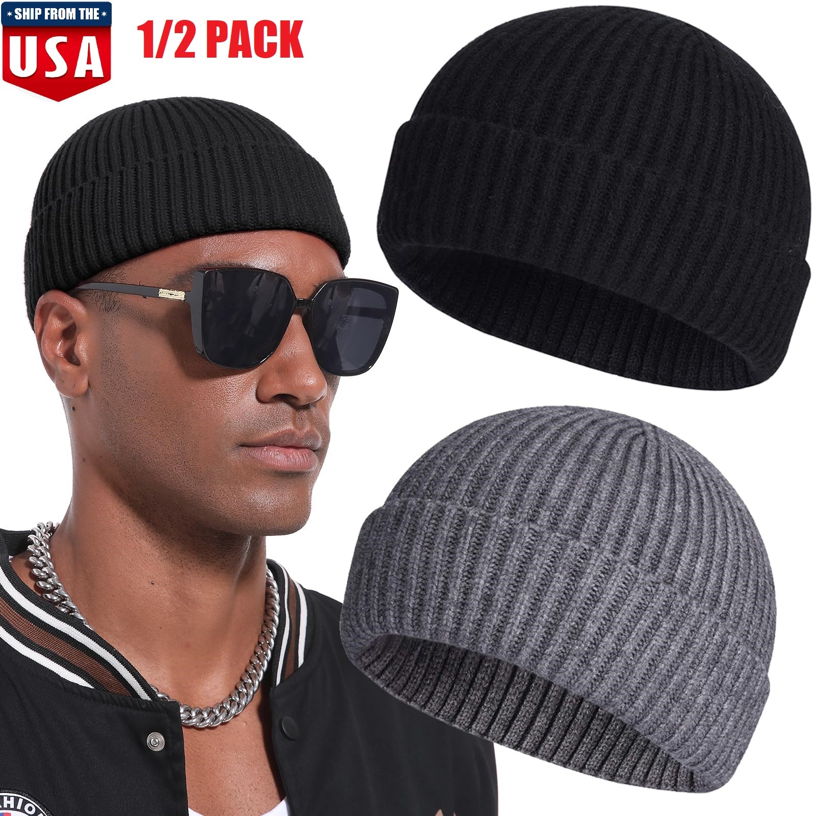 Men's  Mini Short Fisherman Beanie Hat Ribbed Docker Warm Knitted Skull Caps USA