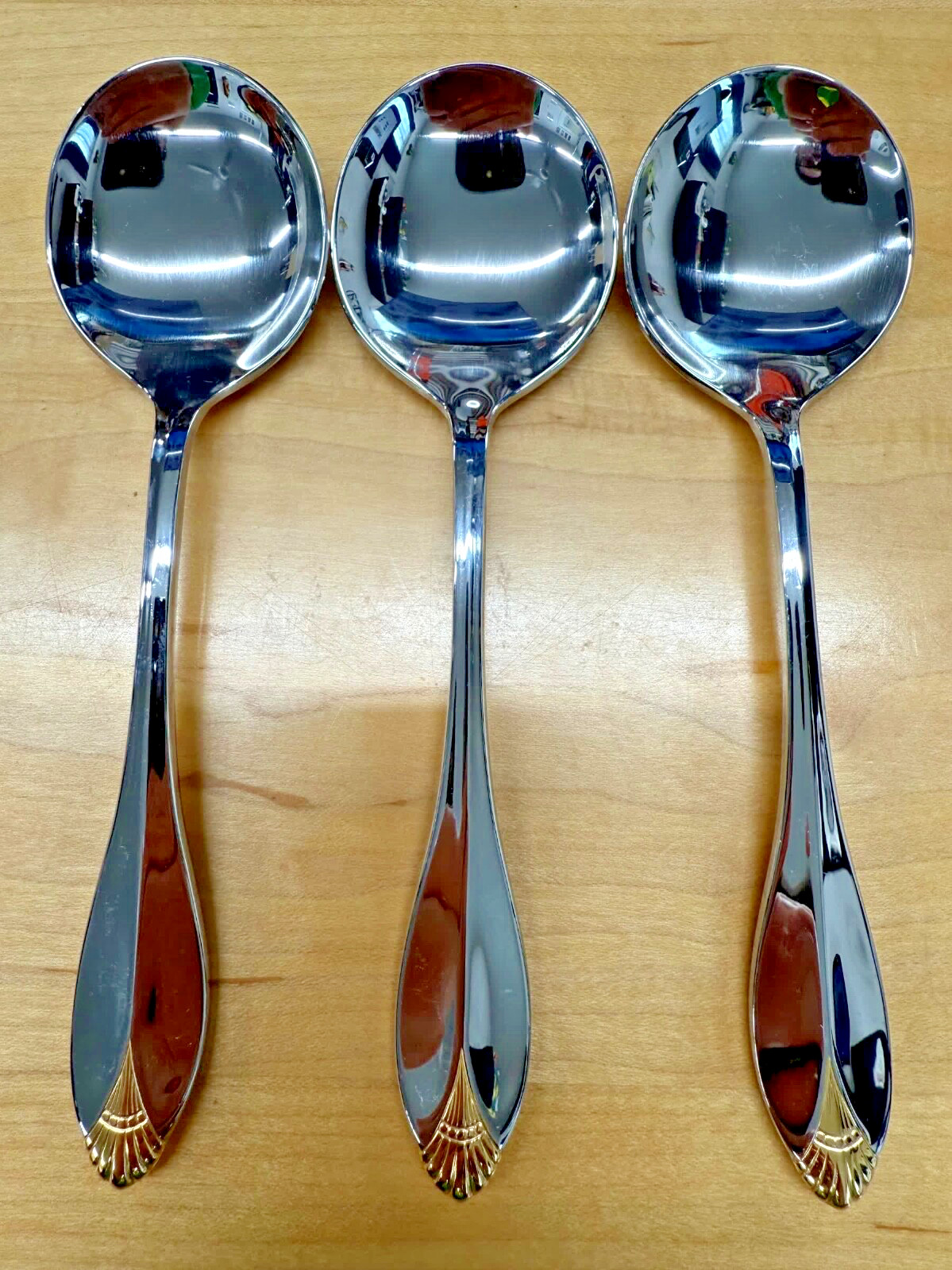 Oneida Community Golden Kingswood Lot of 3 Soup Spoons Stainless Flatware