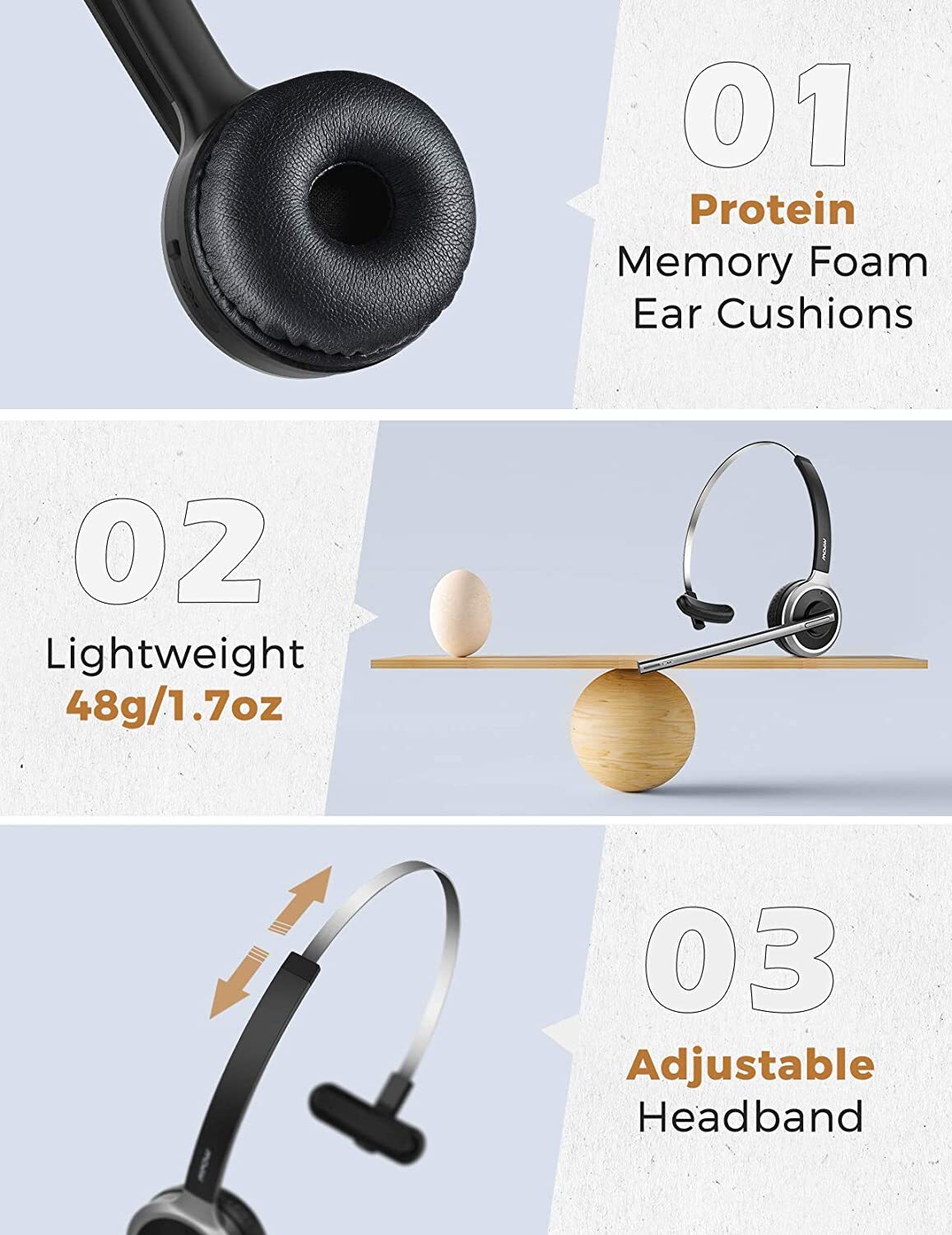 Mpow Wireless Headset Handsfree Call Telephone Over Head Bluetooth Headphone Mic