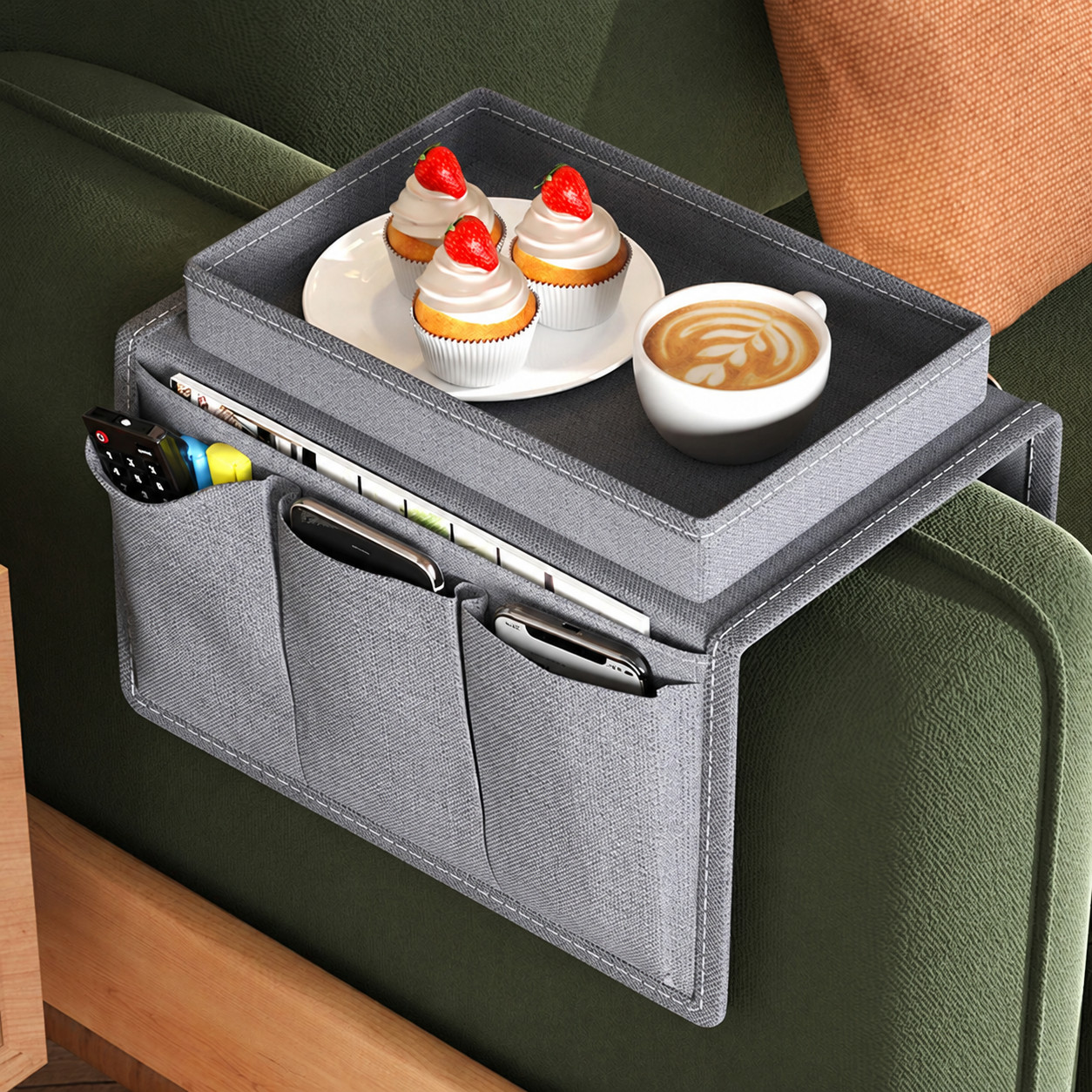 Sofa Armrest Organizer Caddy Remote Control Holder Storage Pockets Couch Arm Tra