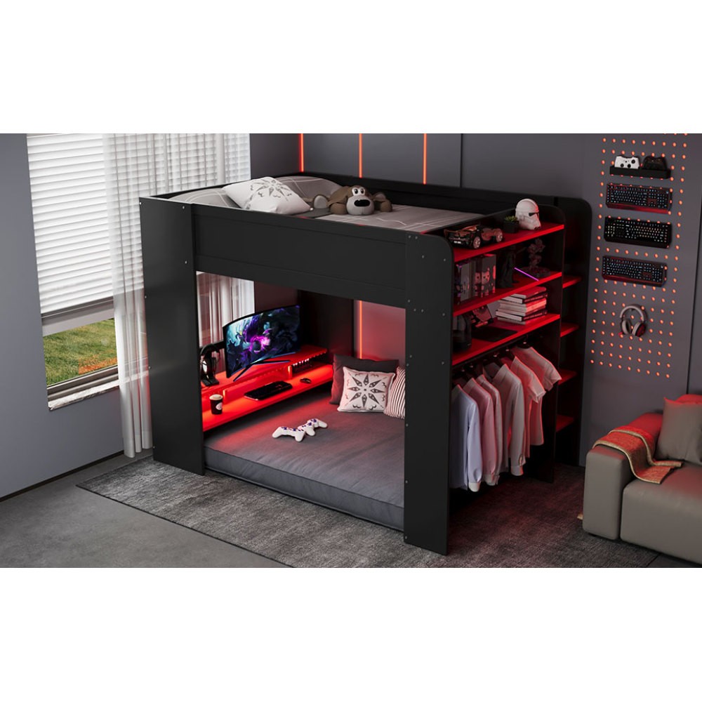 Full Size Bunk Bed with Desk, RGB Lights, Wardrobe, Storage for Gaming Setup