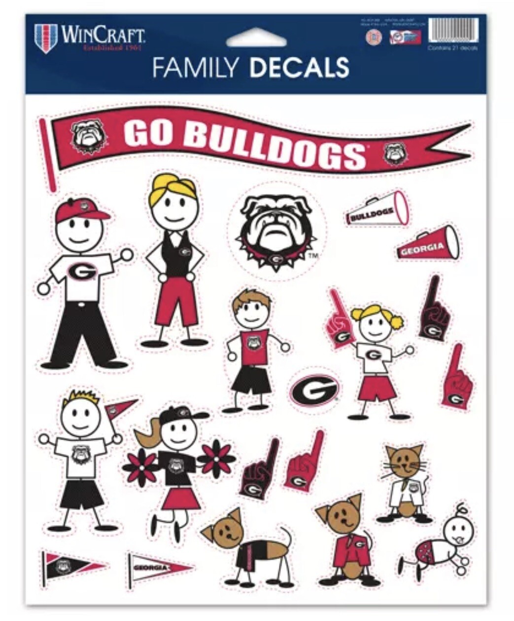 UNIVERSITY OF GEORGIA BULLDOGS FAMILY DECAL SHEET w/ 21 Stickers Window Car NEW!