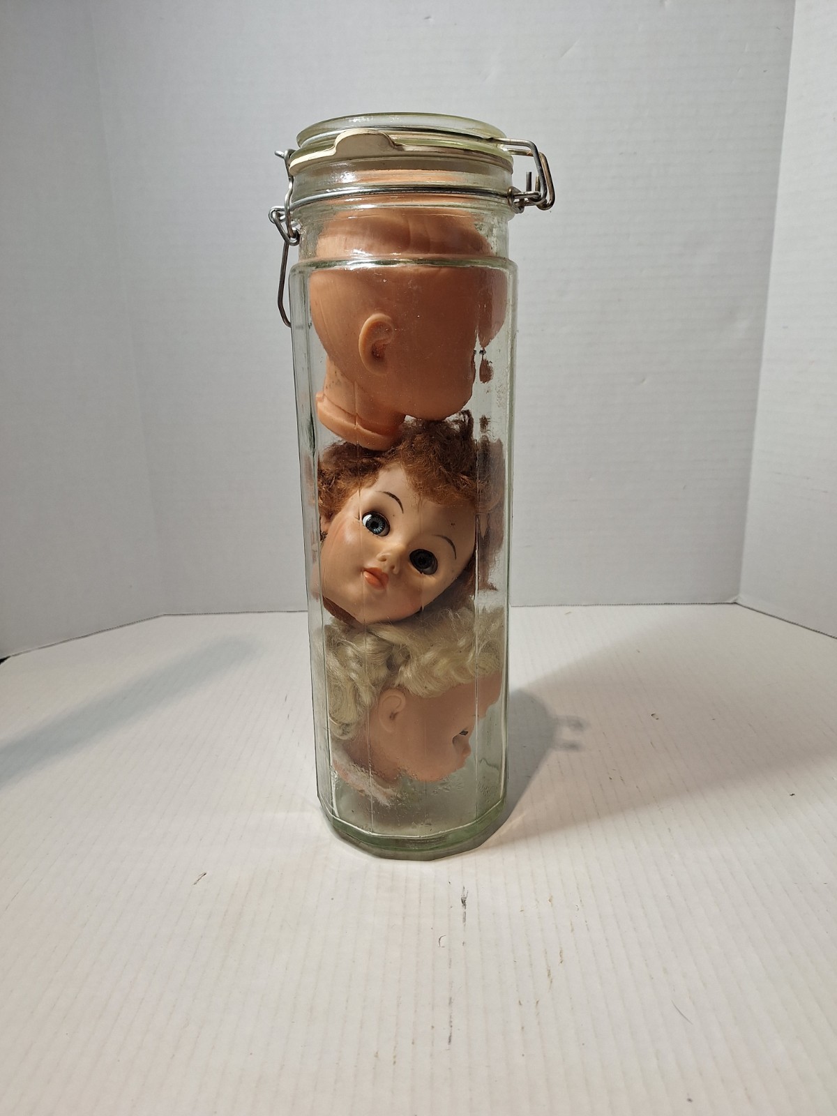 OOAK Creepy Doll Heads In Glass Canister, Halloween Prop, 3 Heads