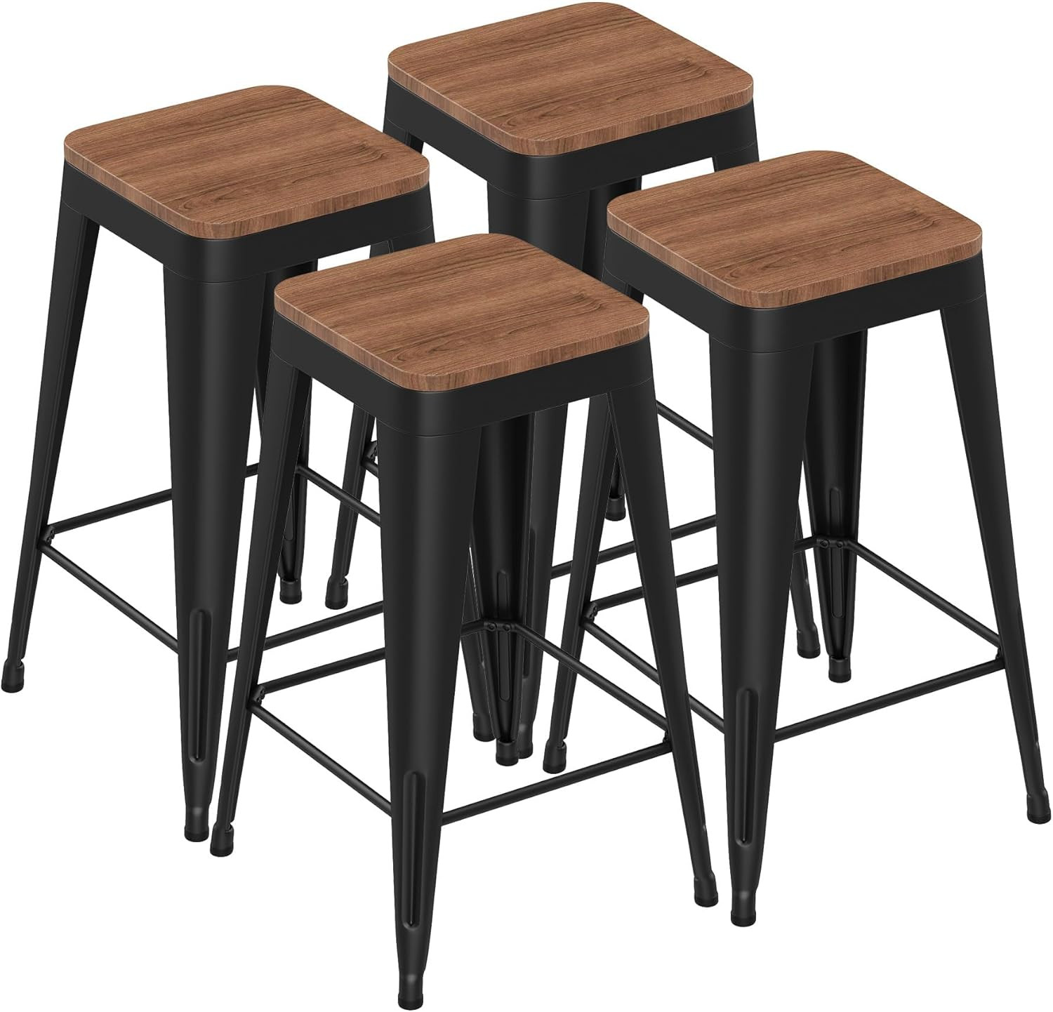 Set of 4 White Metal Bar Stools Industrial Modern Bar Chairs with Wood Top for K