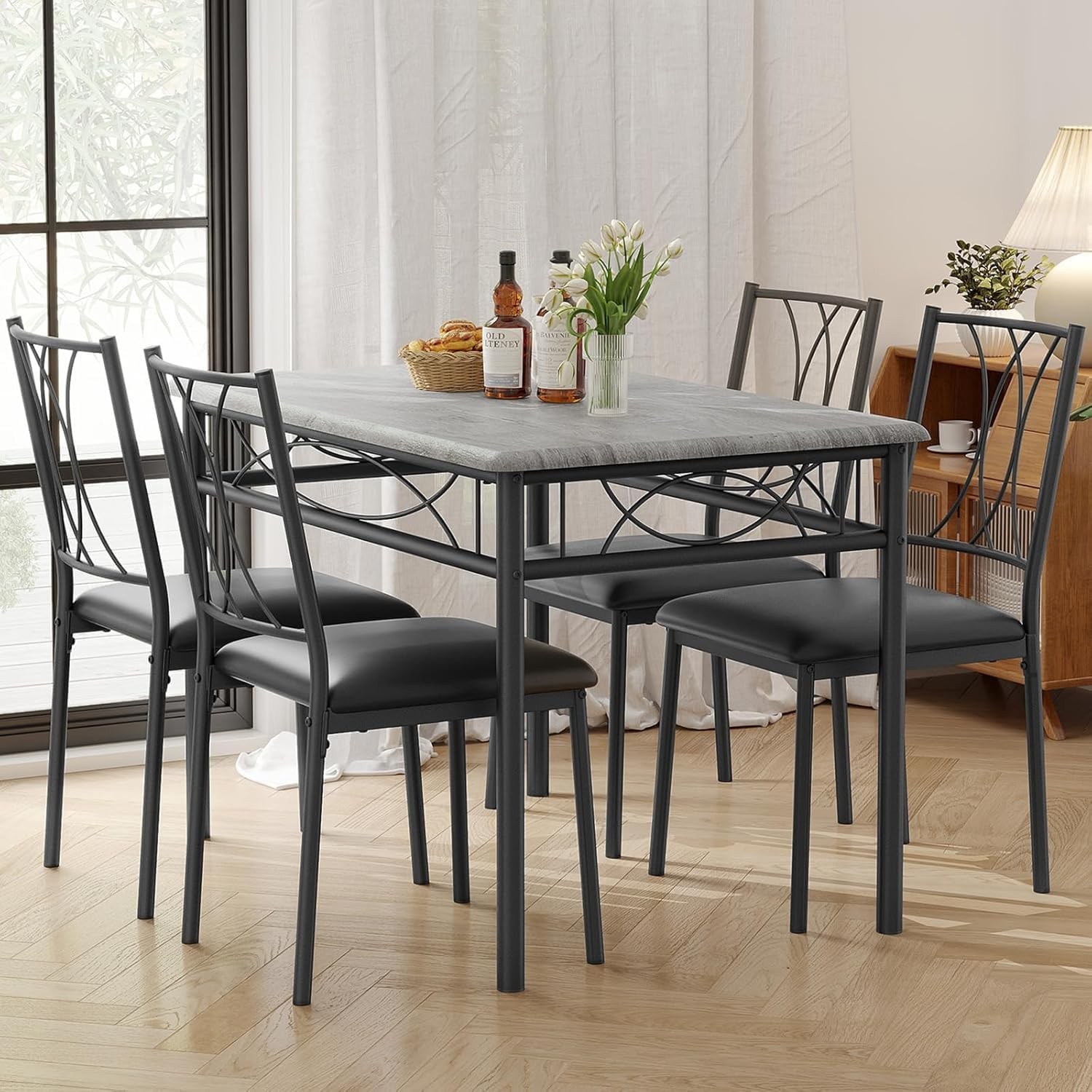 Dining Room Table Set 5-Piece Kitchen with 4 Upholstered Padded Chairs, Gray