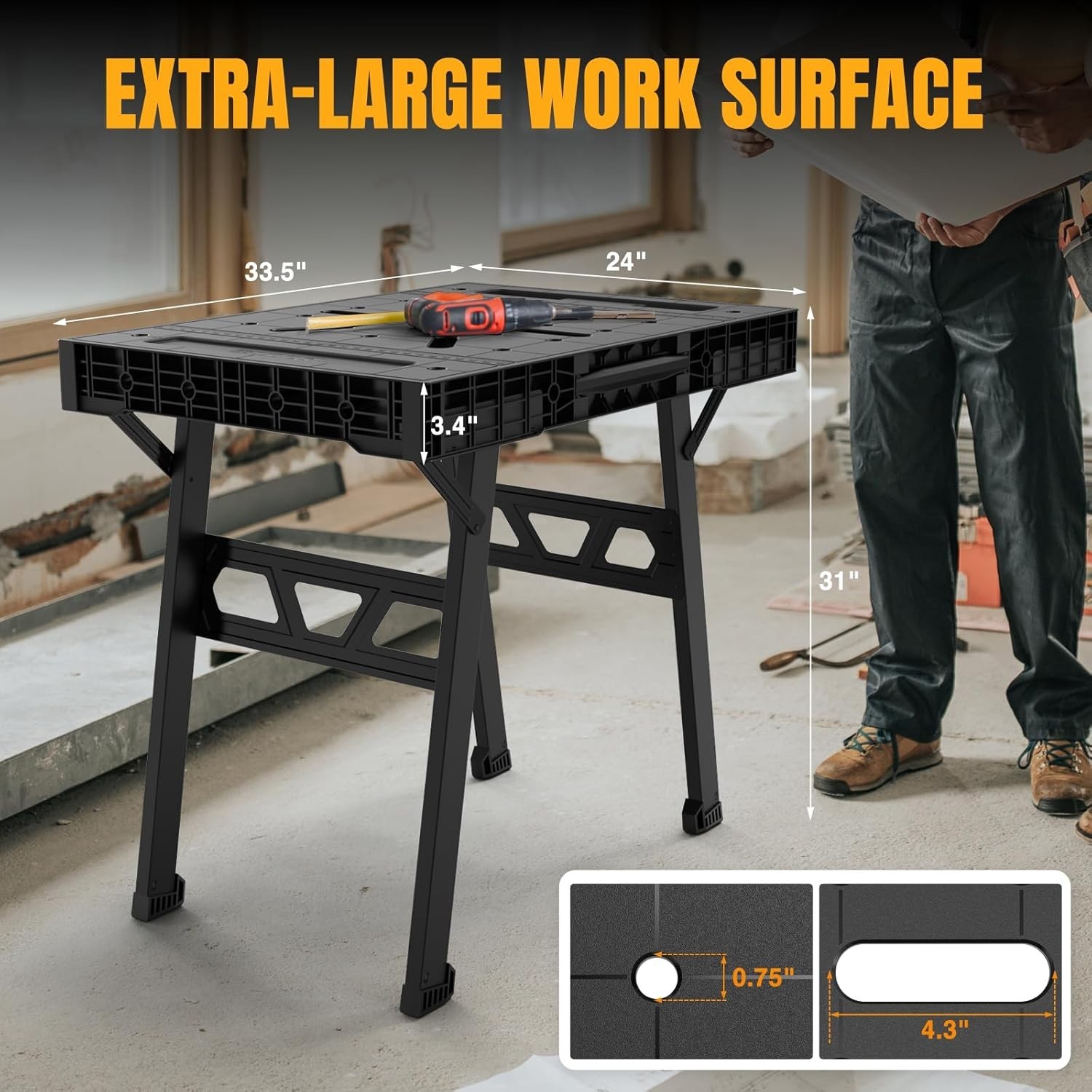 Express Folding Worktable, Easy Setup Portable Workbench, 34" W x 24" D