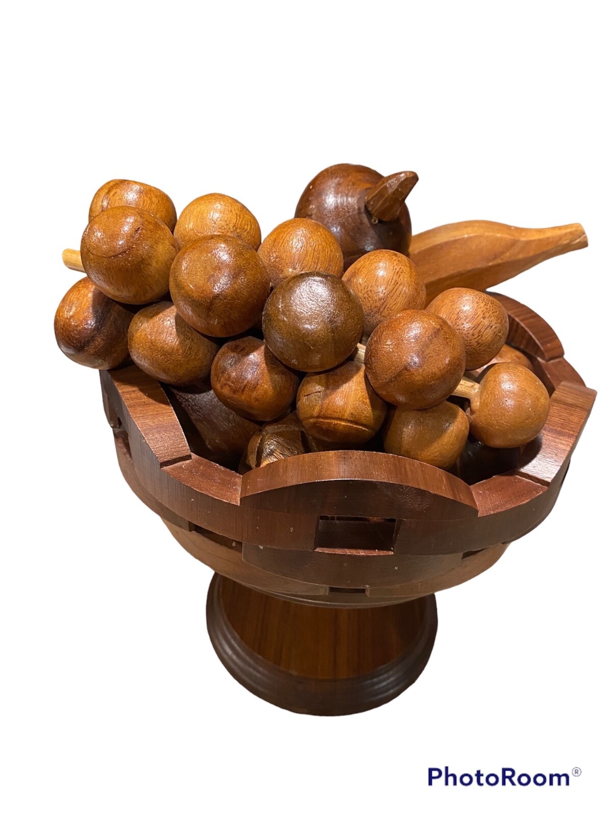 Wooden Fruits and Pedestal Basket MCM Hand Carved 9 Piece Set Plus Basket