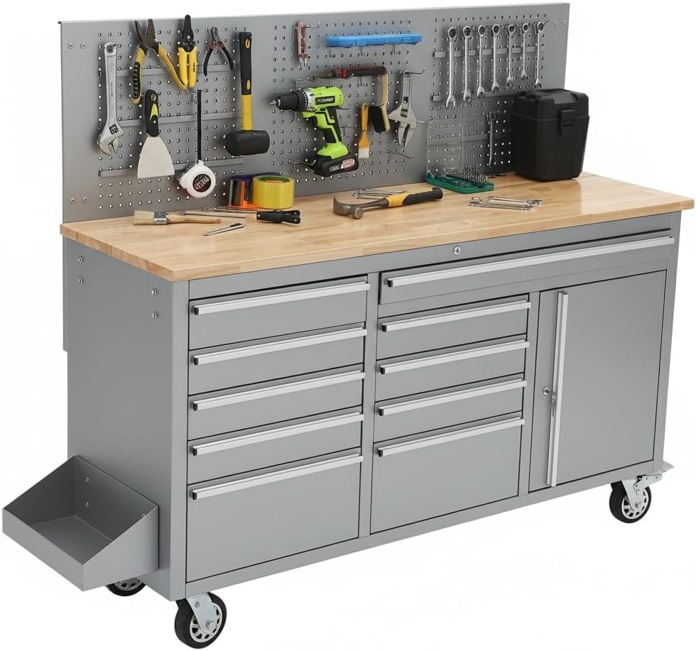 Rolling Tool Chest 10 Drawer Garage Workbench Cabinet w/ Power Strip Workstation