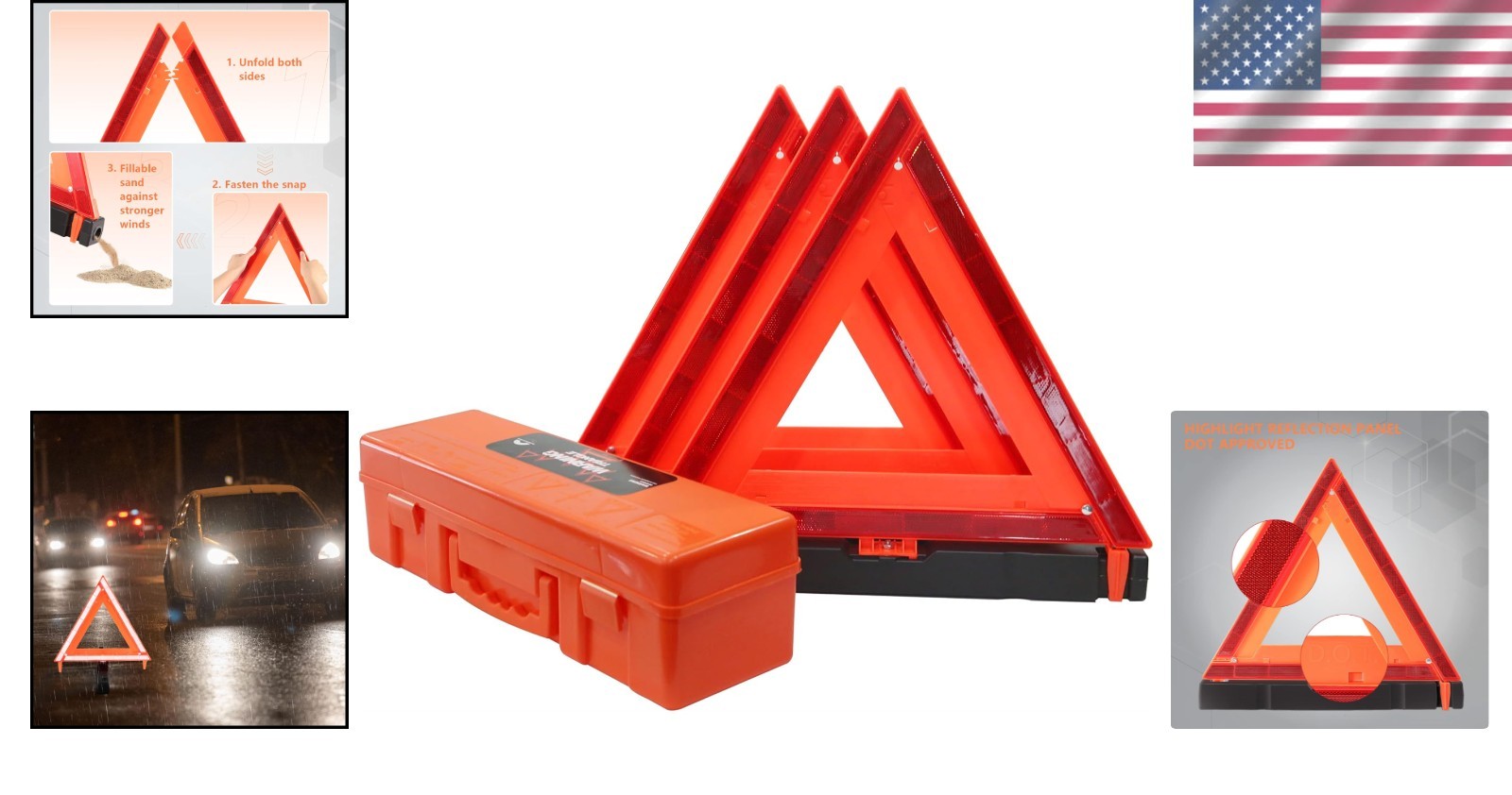 Portable 3-Pack Safety Reflective Triangles - Essential Roadside Emergency Gear