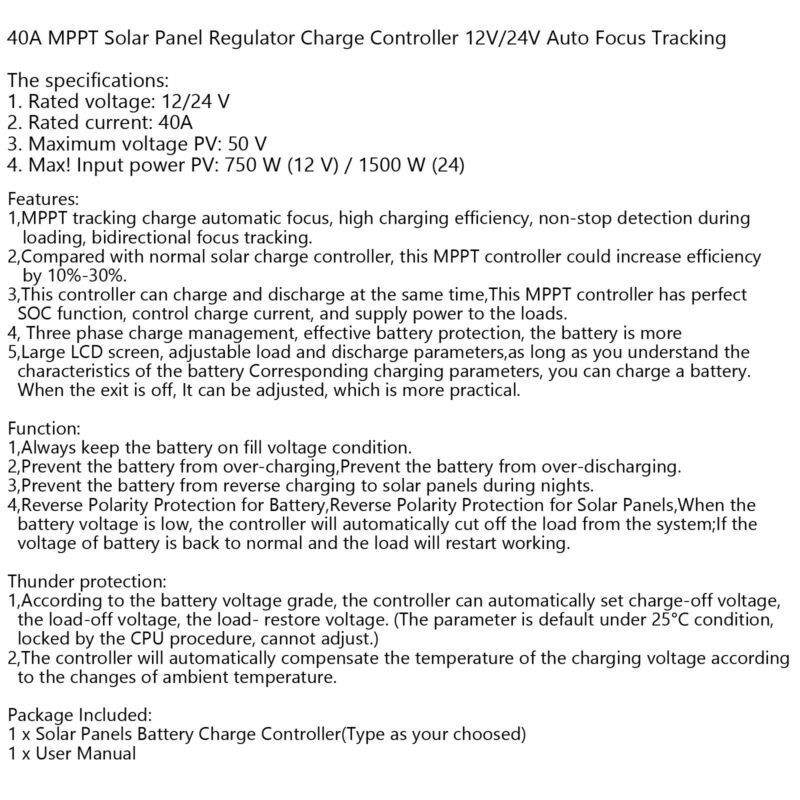 40A MPPT Solar Panel Regulator Charge Controller 12V/24V Auto Focus Tracking,