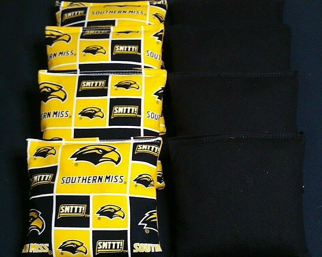 8 CORNHOLE BEANBAGS made with Southern Miss Golden Eagles Fabric ACA Reg Bags