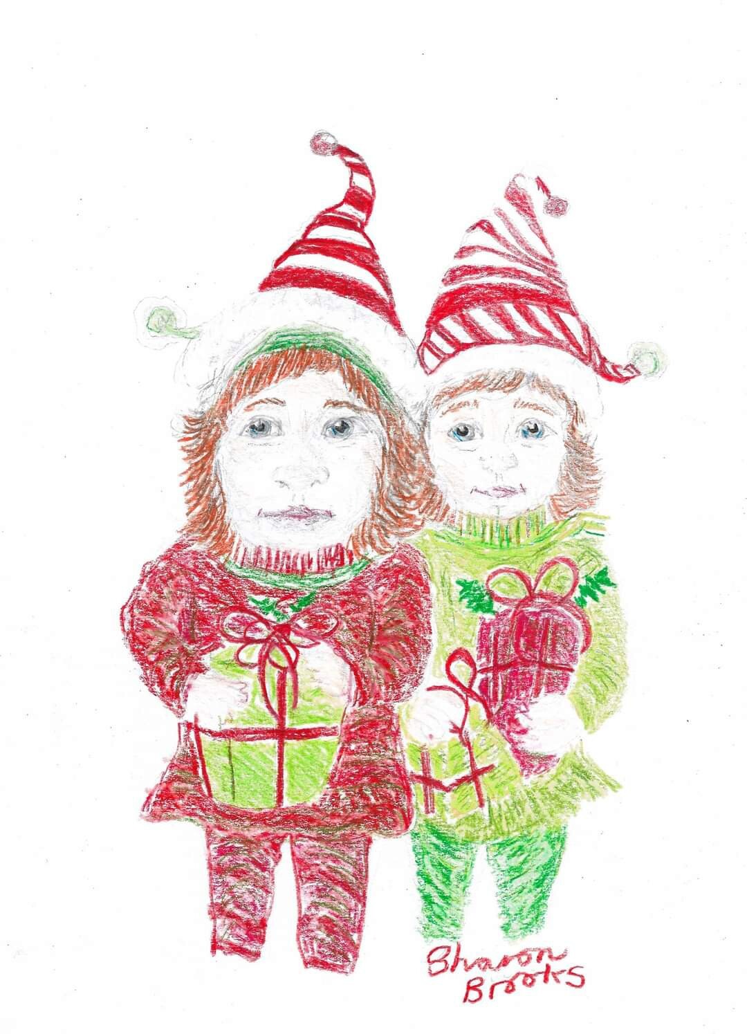 Christmas Dressed As Elfs Colour Pencils Sketch by Sharon Louise Brooks