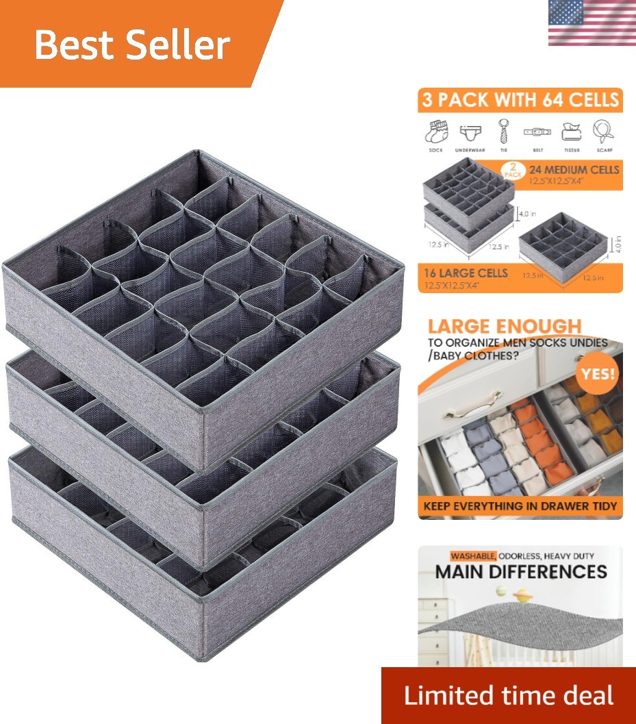 Effortless 3 Pack Drawer Organizer - 64 Cell Foldable Storage for Socks & Ties