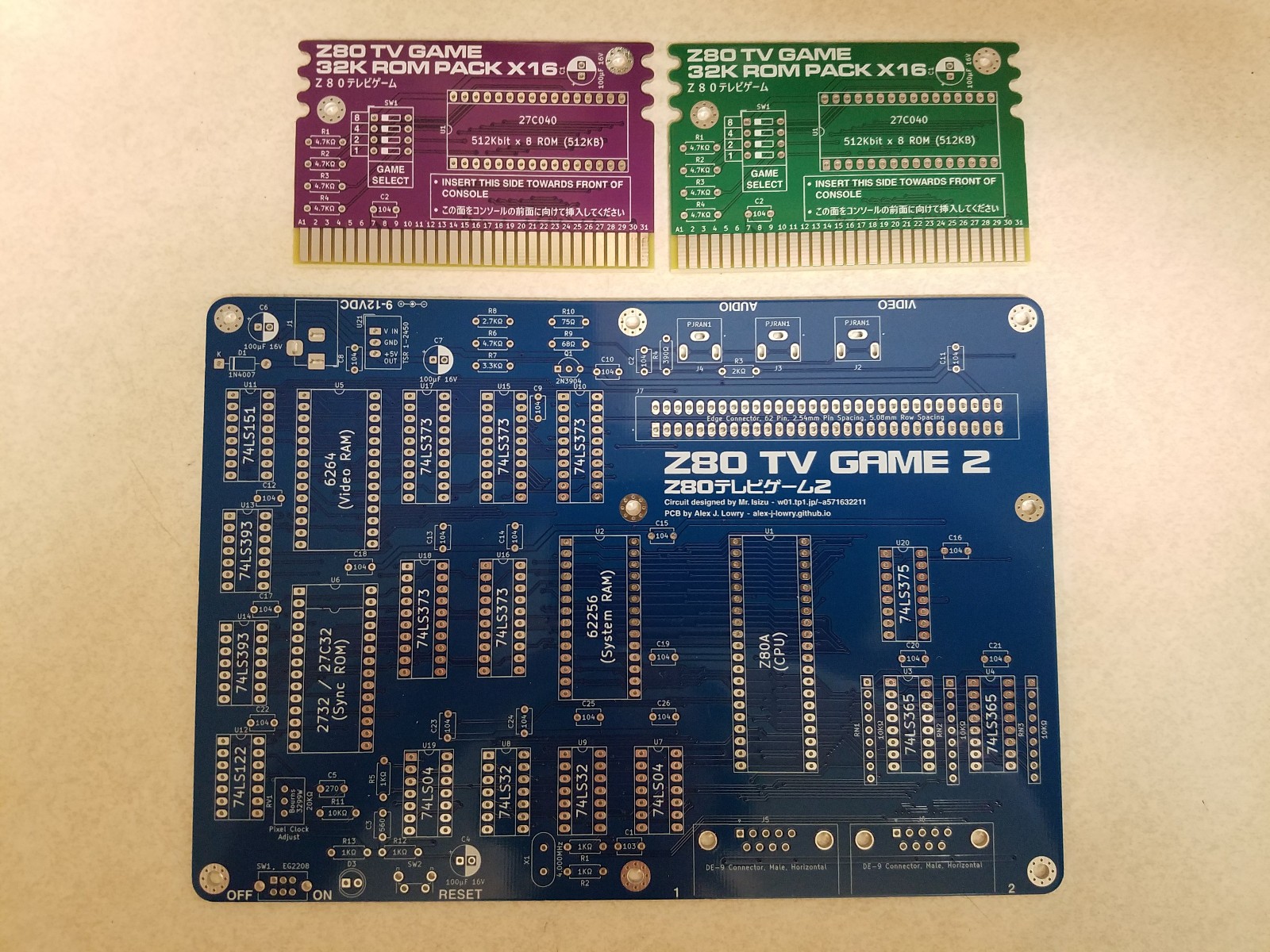Z80 TV Game 2 by Alex J Lowry, w/ 2 Cartridges, DIY Project, PCB Only, US Seller