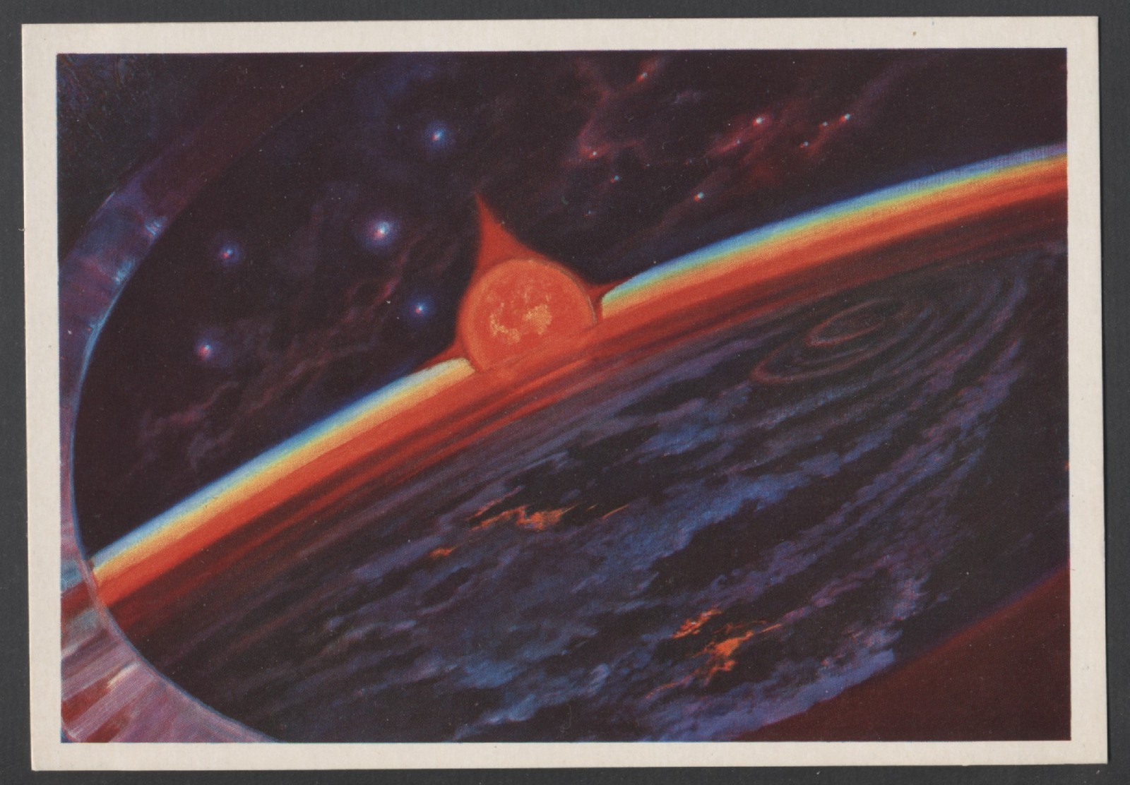 1975 Soviet Space Rockets Flying over Earth Leonov art vintage postcard