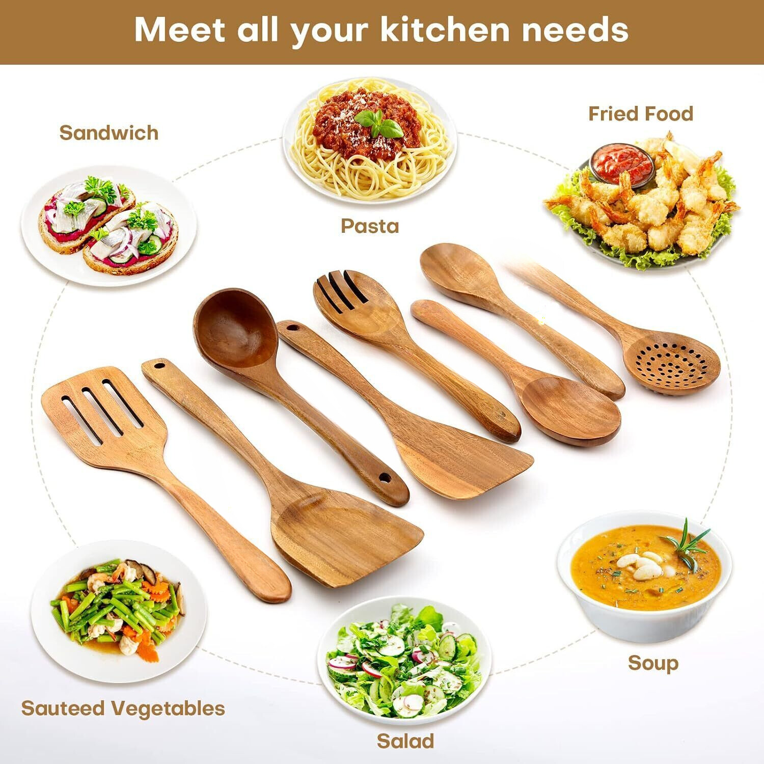 Wooden Spoon for Cooking, Non-Stick Utensils, Teak Spoon Utensils Set (8 pcs)