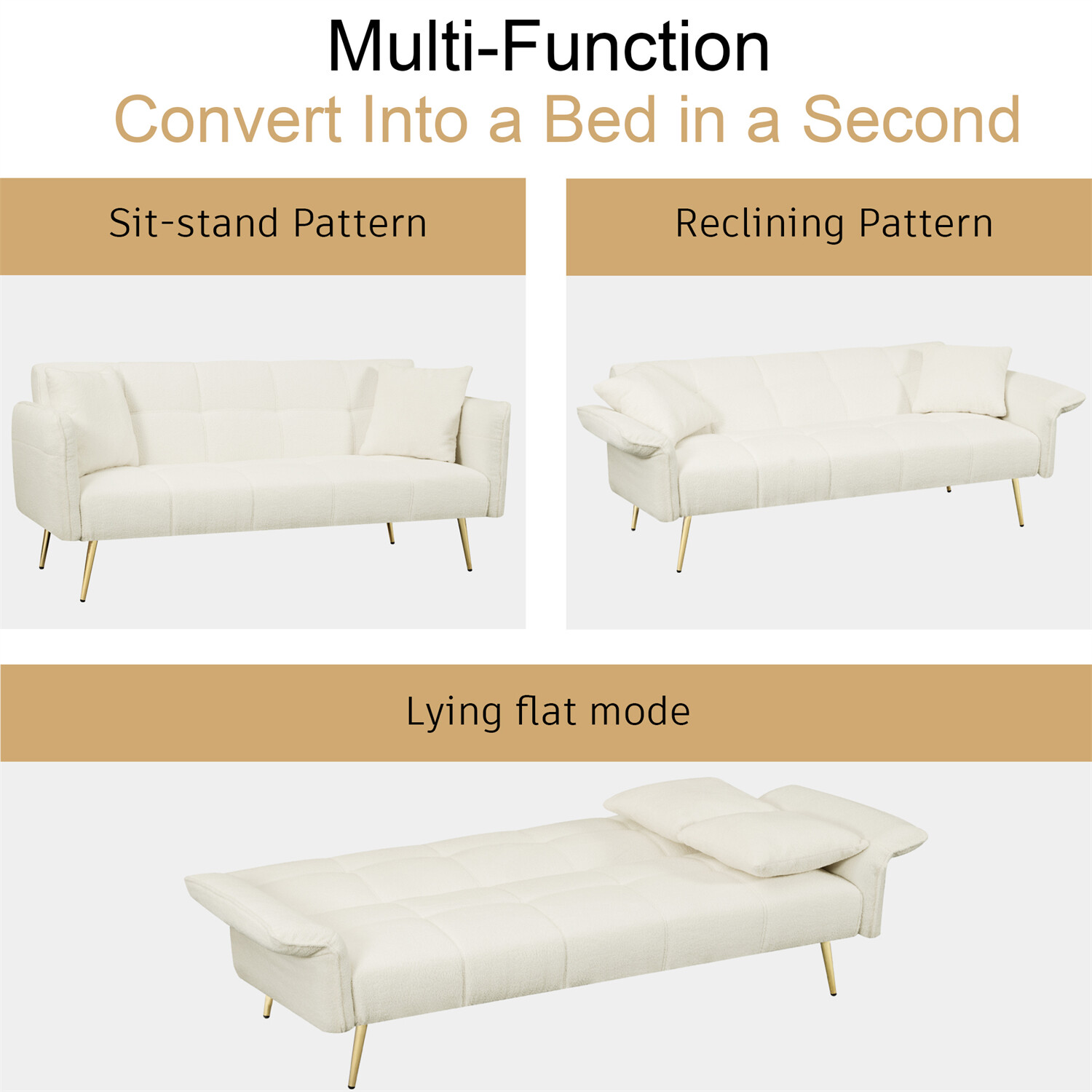 Beige Convertible Sleeper Sofa Bed Couch Futon Sofa Bed Folding Recliner Sofa US