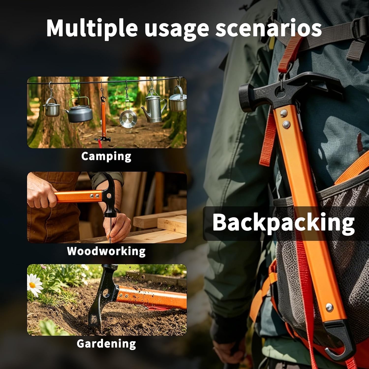 Bright Orange 12" Camping Hammer - Lightweight, 3-in-1 Functionality for Hikers