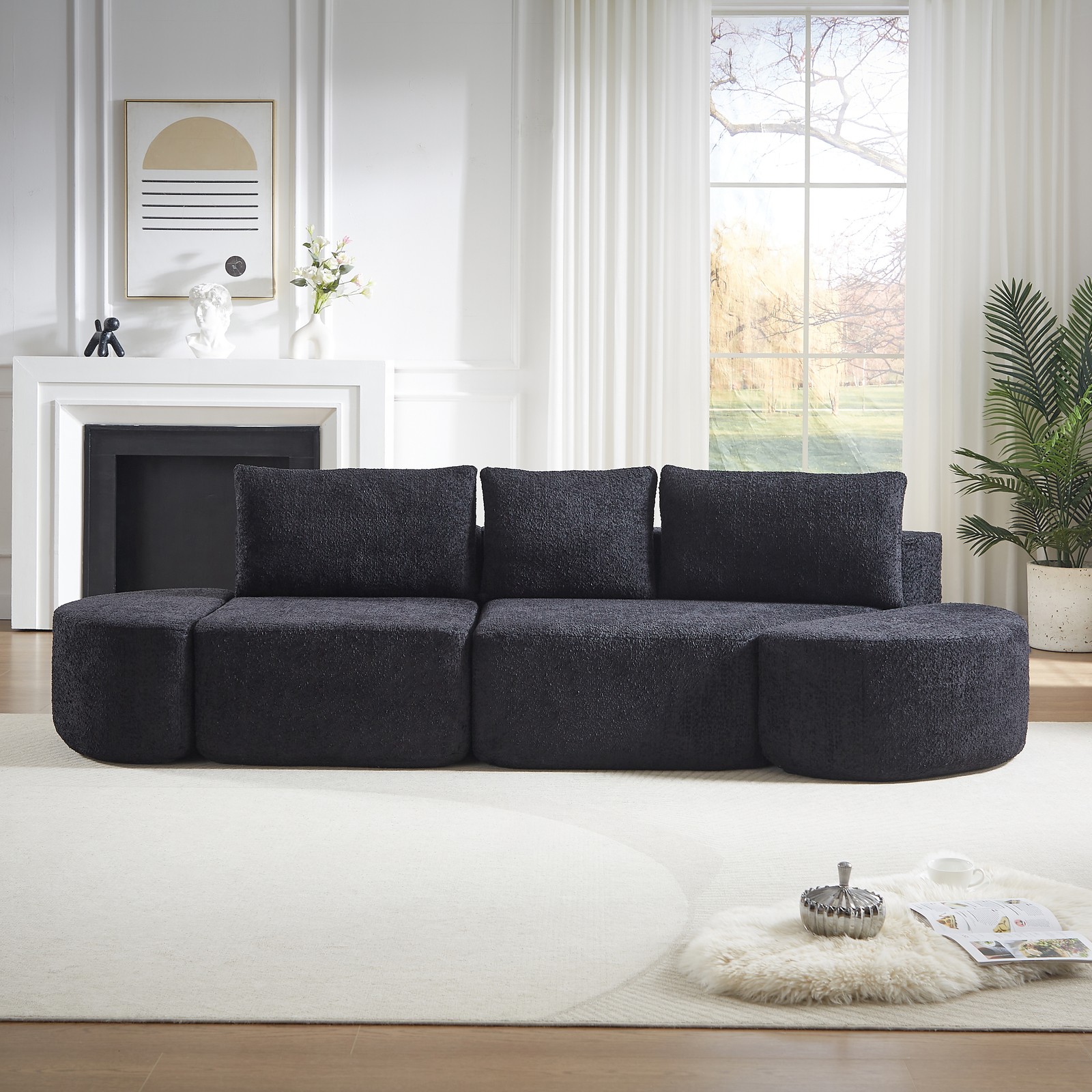 106.3-inch V-shaped modular sofa set in chenille fabric, featuring three throw p