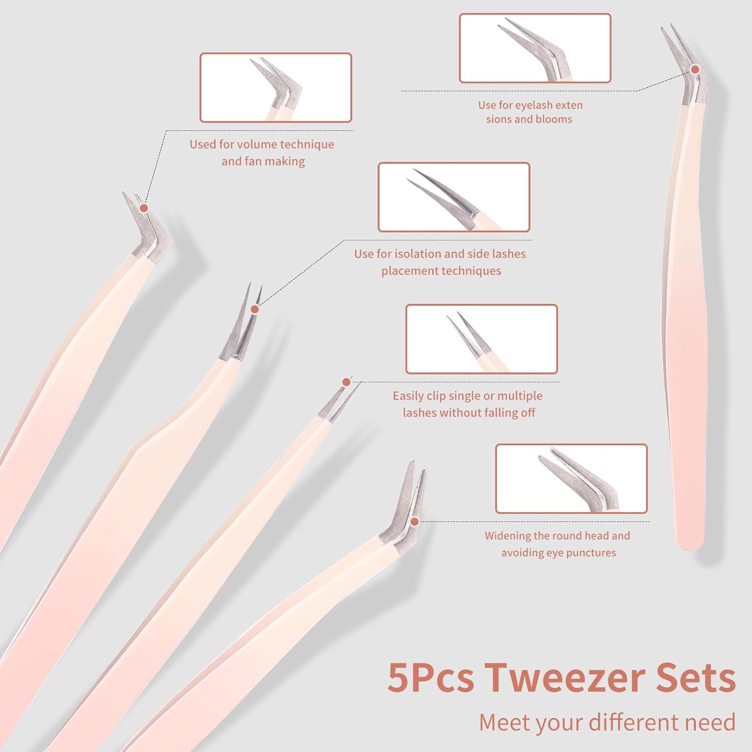 Eyelash Extension Tweezers Set 5PCS Straight Curved Lash Tools