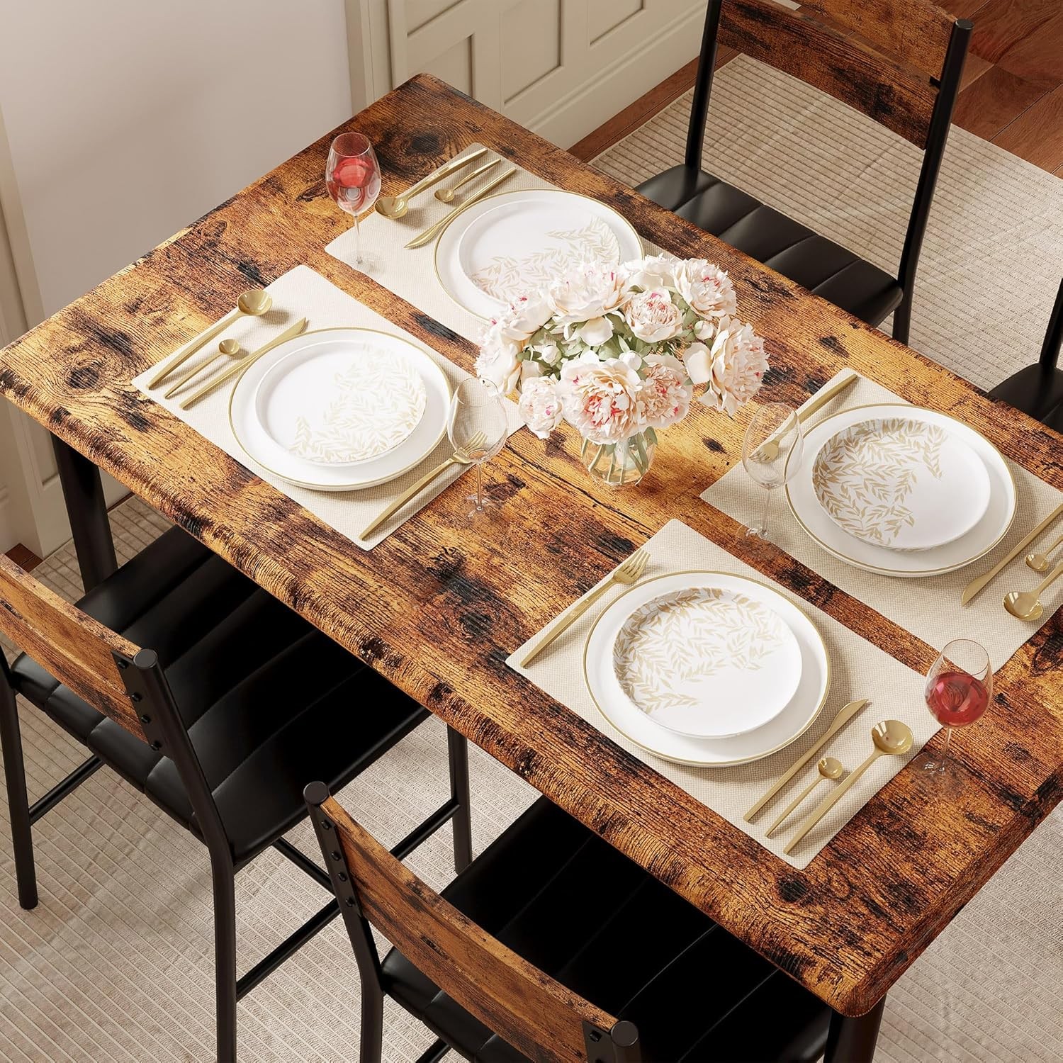 Dining Table Set 4 Wood Kitchen Table W/ Upholstered Chairs Kitchen Room & Small