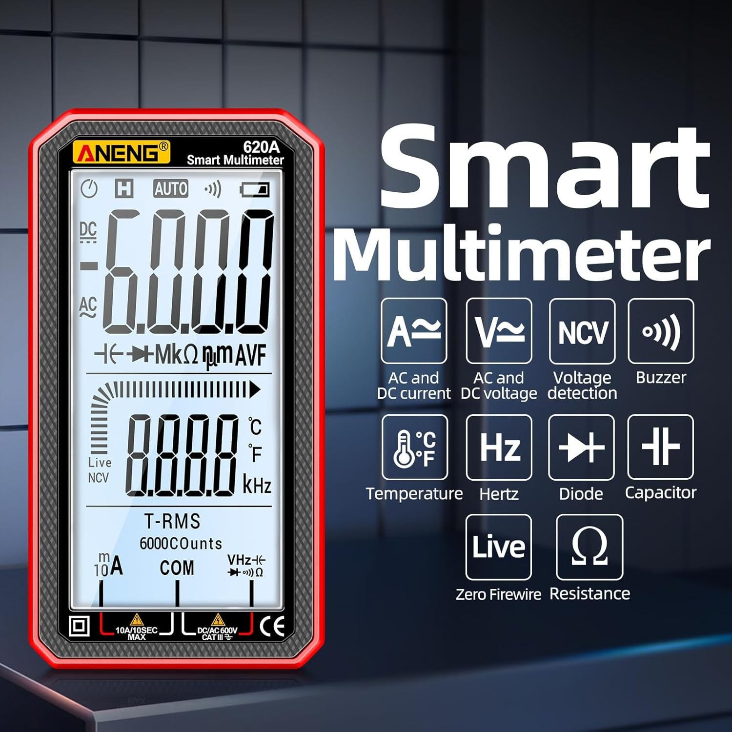 Digital Multimeter, Voltmeter Smart Electrical Tester 6000 Counts with LCD, Meas