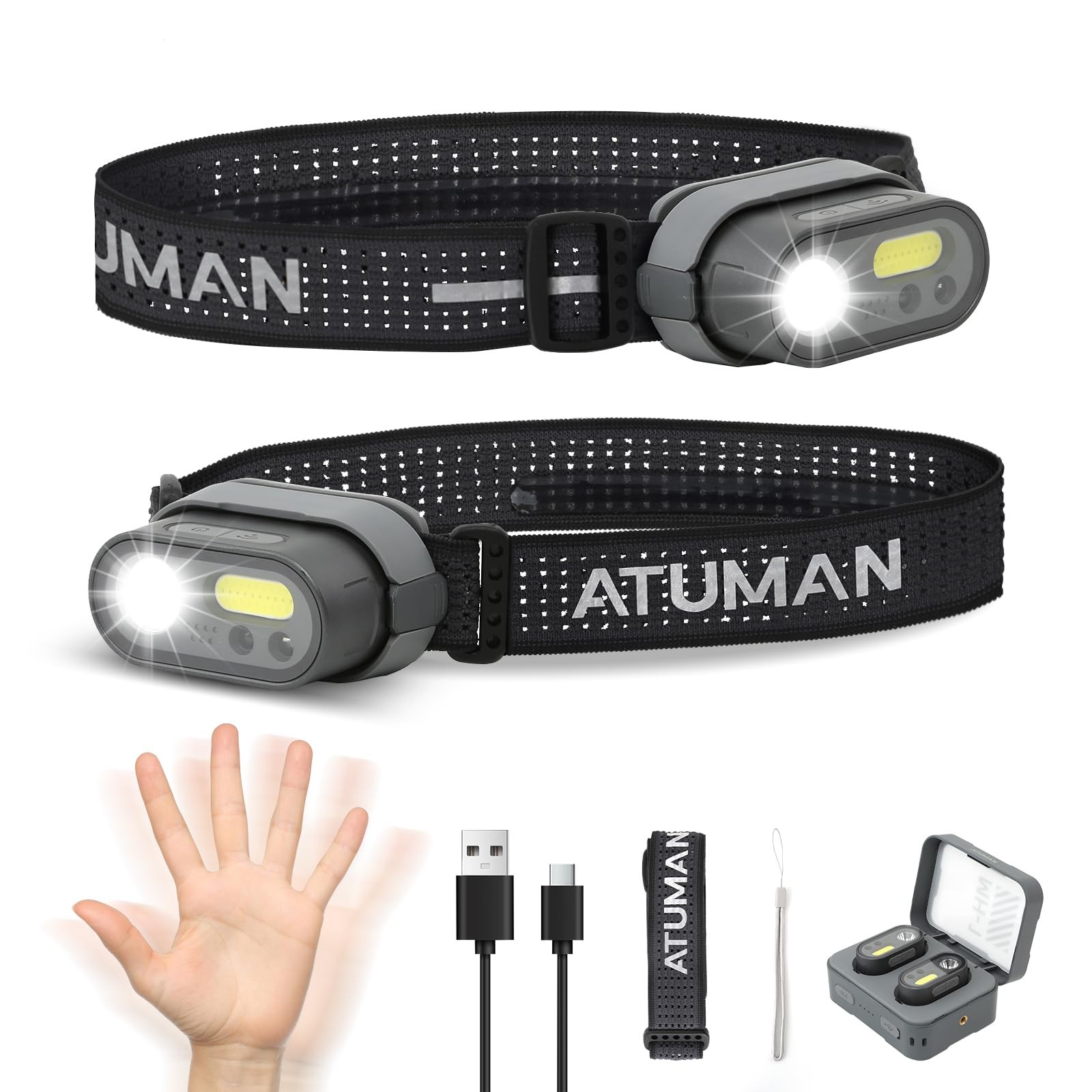 Rechargeable LED Headlight,2 Pack Headlamp with Motion Sensor, 8 Light Modes,...