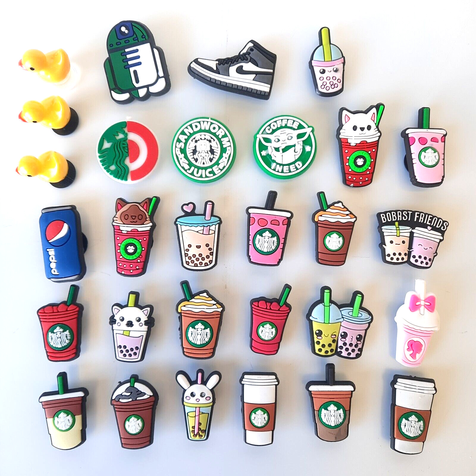Shoe Charms for Crocs Lot of 29 Coffee, Pepsi, Barbie, Nike, Boba, Ducklings B6