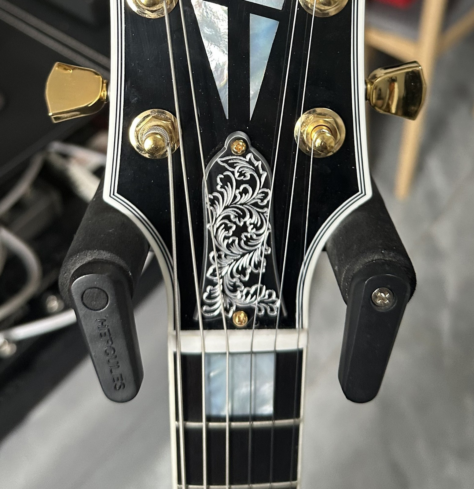 Hand engraved classical leaf aluminum truss rod cover fits most Gibson guitars