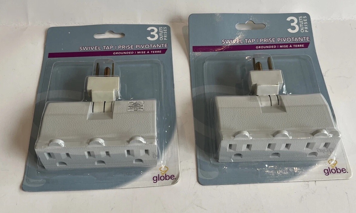 3 Outlet Lateral Swivel Grounded Wall Adapter Tap Globe Lot of 2 NIB New