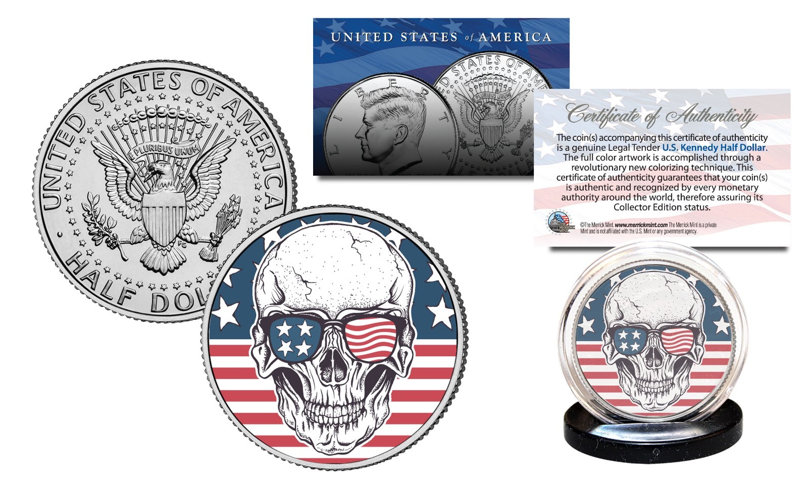 SKULL Genuine Legal Tender JFK Kennedy Half Dollar US Coin - Sunglasses US Flag