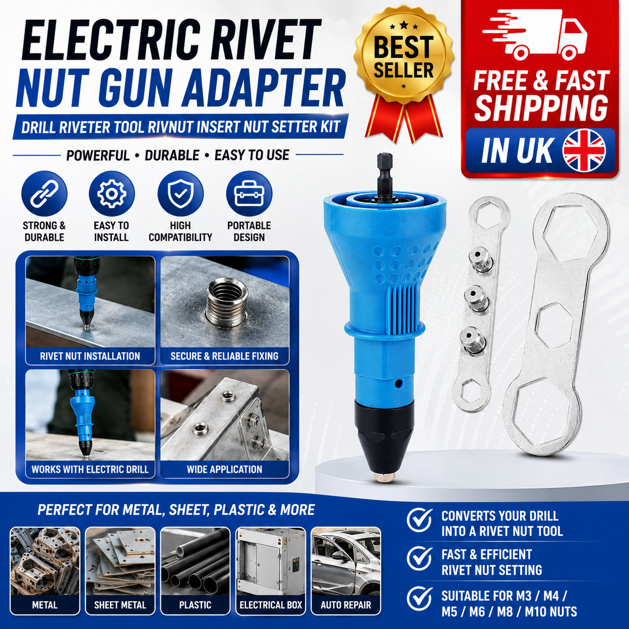 Electric Rivet Nut Gun Adapter Drill Riveter Tool Rivnut Insert Nut Setter Kit