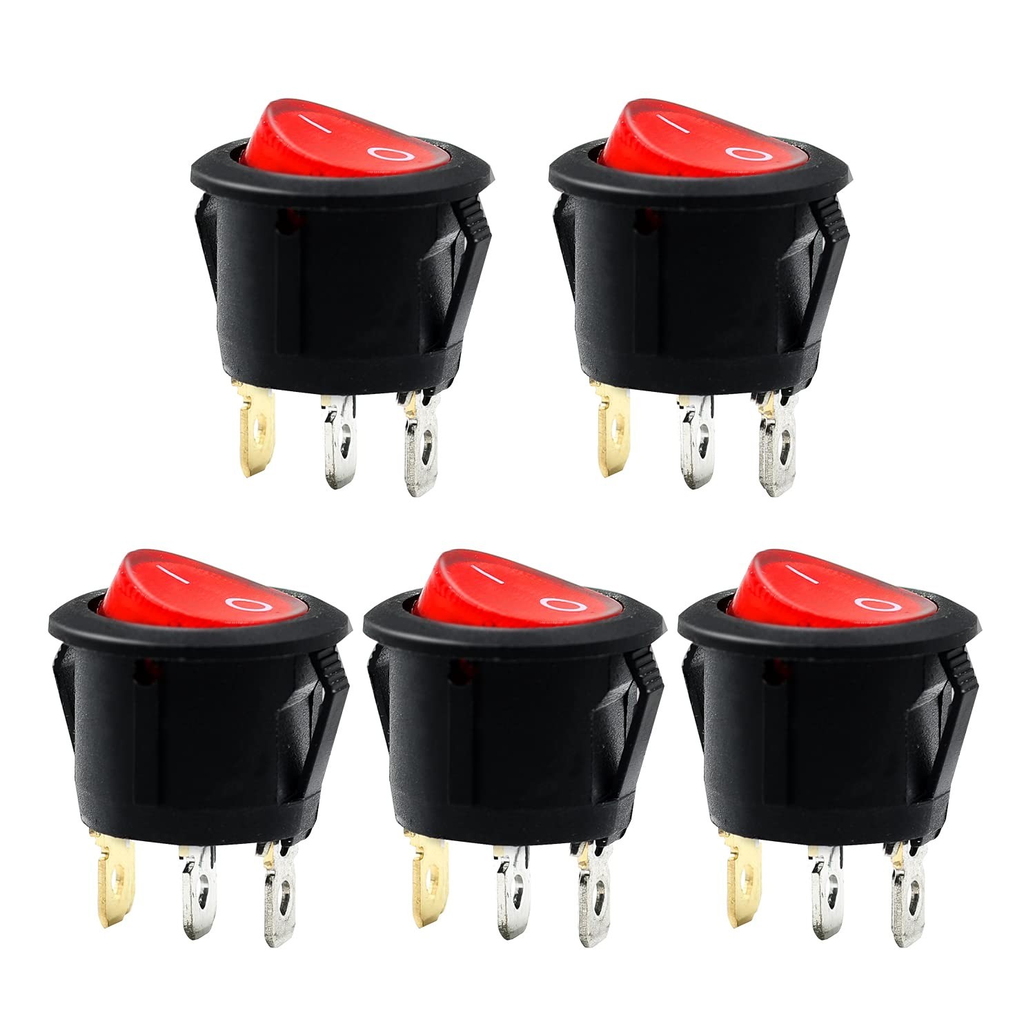Red Light SPST 3-Pin ON/Off Round Boat Rocker Switch AC 6A 250V 10A 125V 5 Pcs