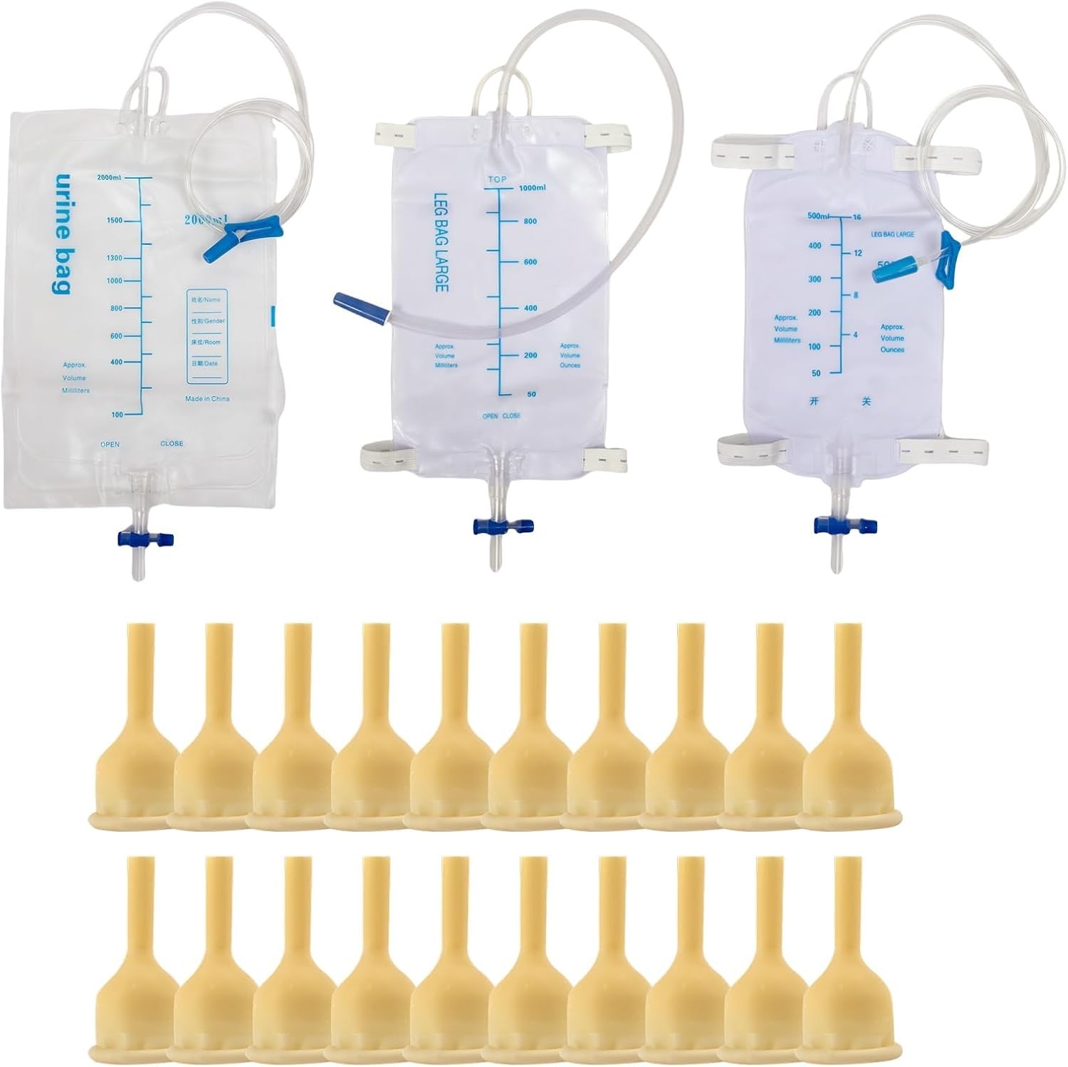 External Catheter Kit for Men, 20 pcs Soft Latex, 500 ml Leg Bag, 1000 ml Urine