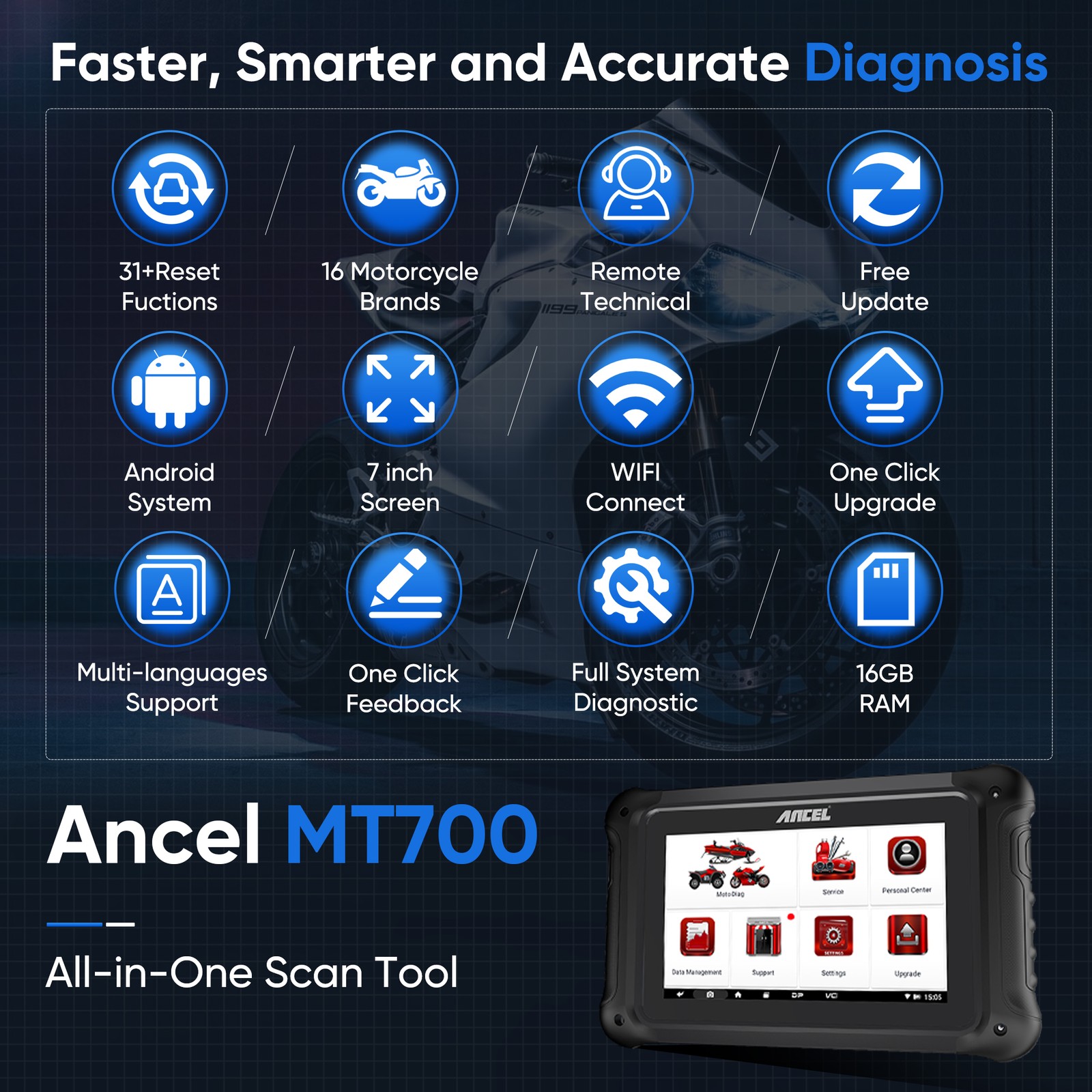 ANCEL MT700 Motorcycle OBD2 Scan Tool Full System Auto VIN ECU Reset 31+ Service