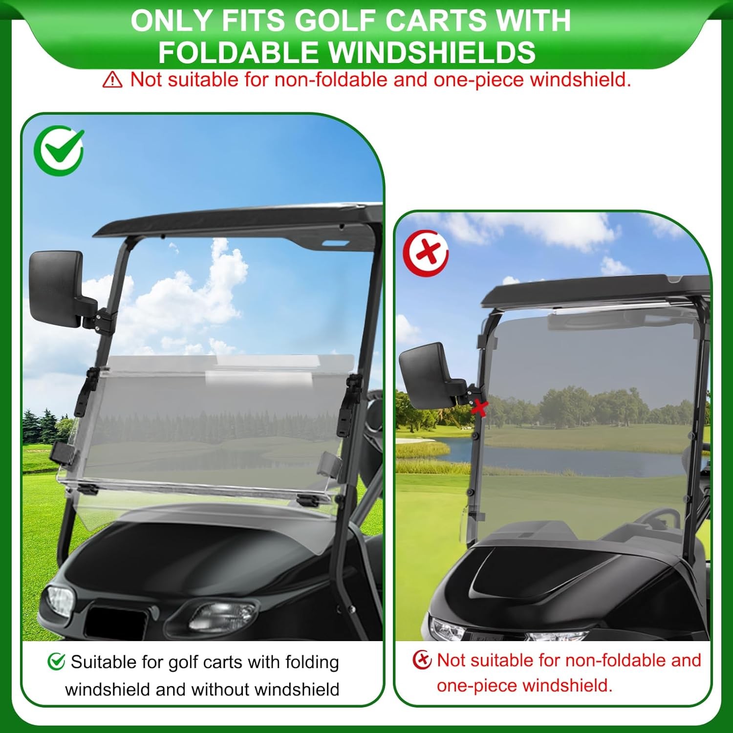 No Drilling Golf Cart Side Mirrors, Foldable Rear View Mirrors for 0.75" / 1" /