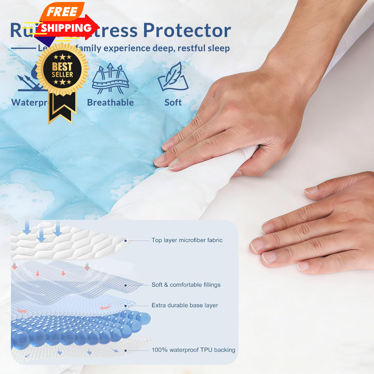 Twin Size Quilted Fitted Mattress Pad, Waterproof Twin, Pattern-2-white