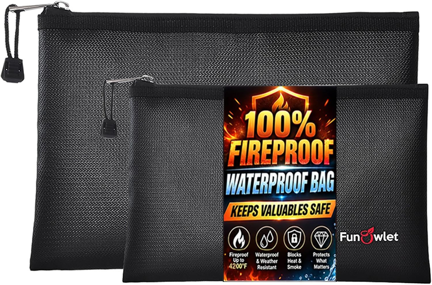 Fireproof Waterproof Money Document Bag, 2Pack Safe Pouch Black | Zipper Bags, F
