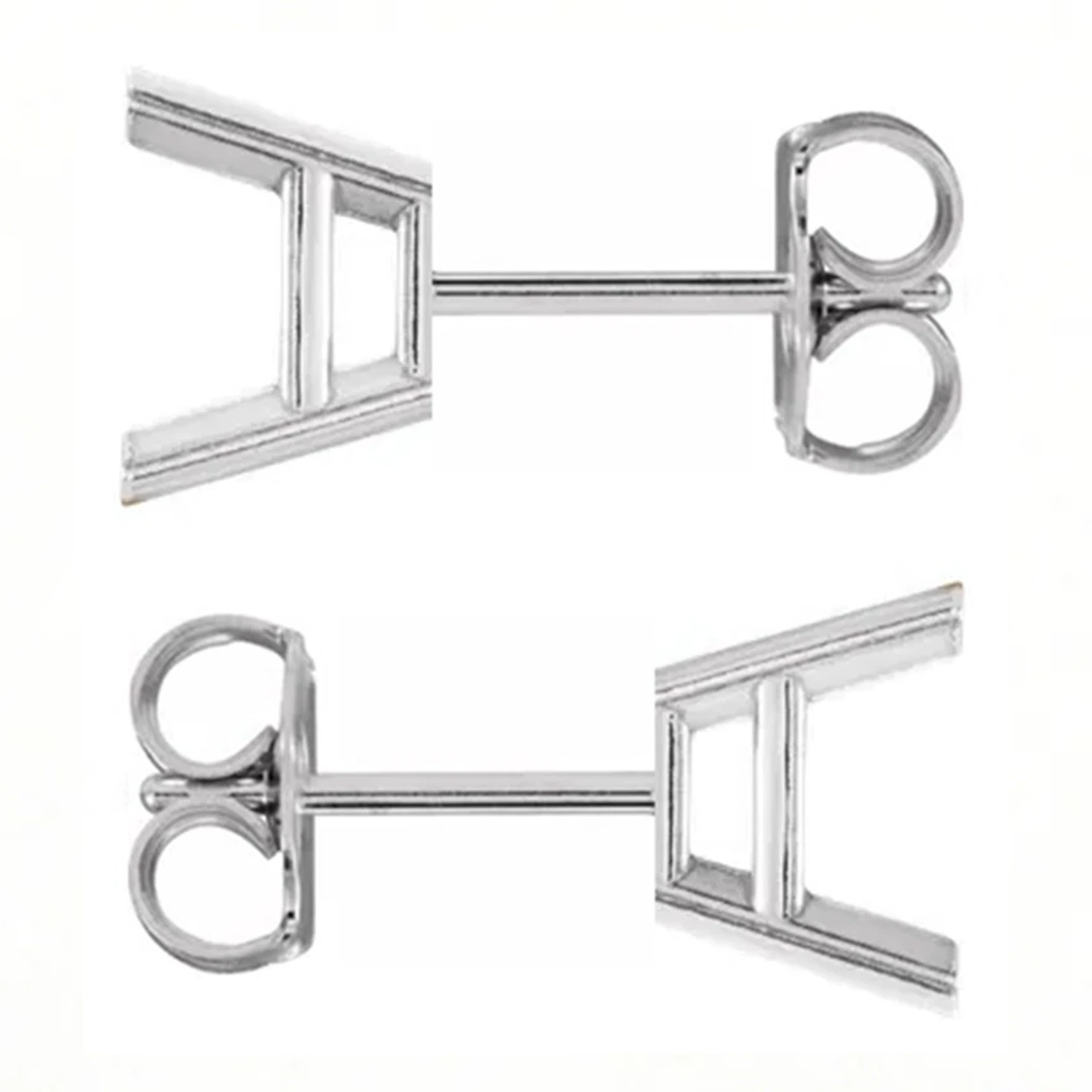 14K White Gold Earring Settings Princess Cut 4 Prong Basket Friction Back-1 Pair