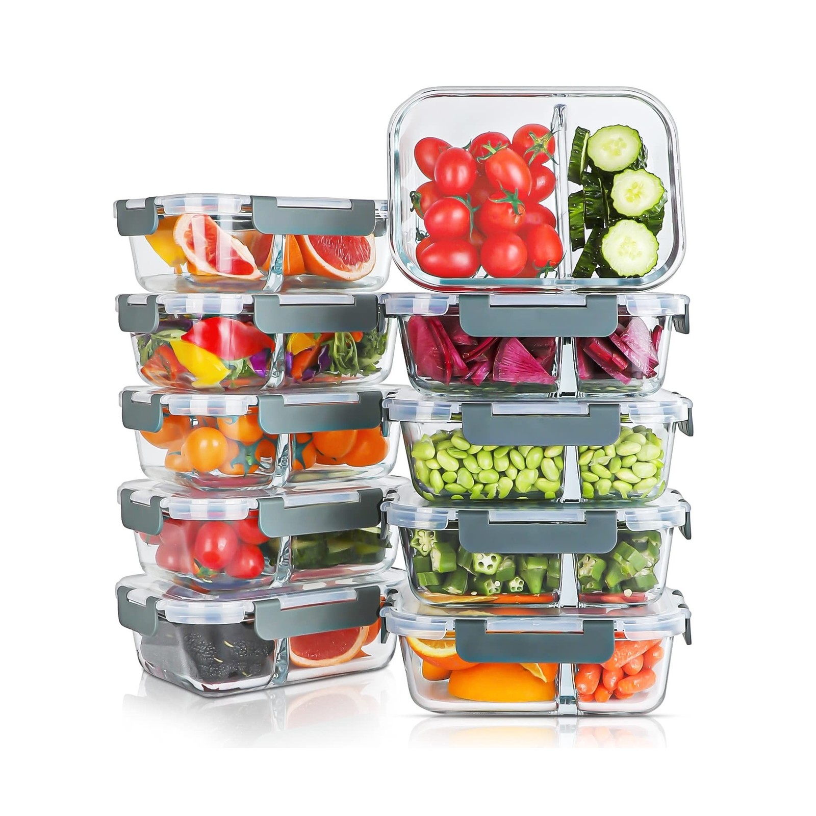 KOMUEE 10 Packs 30oz Glass Meal Prep Containers 2 Compartments,Glass Food Sto...