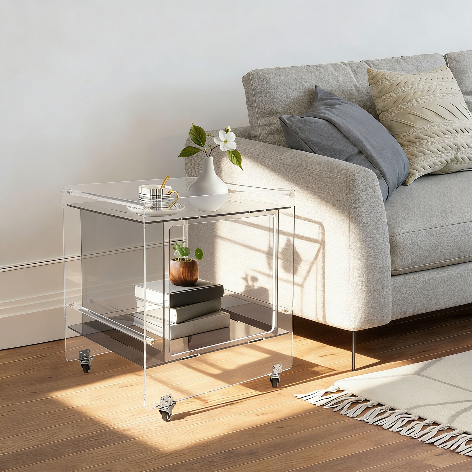 46x40x55cm Side Table Acrylic Mobile Table Multifunctional End Table with Wheels