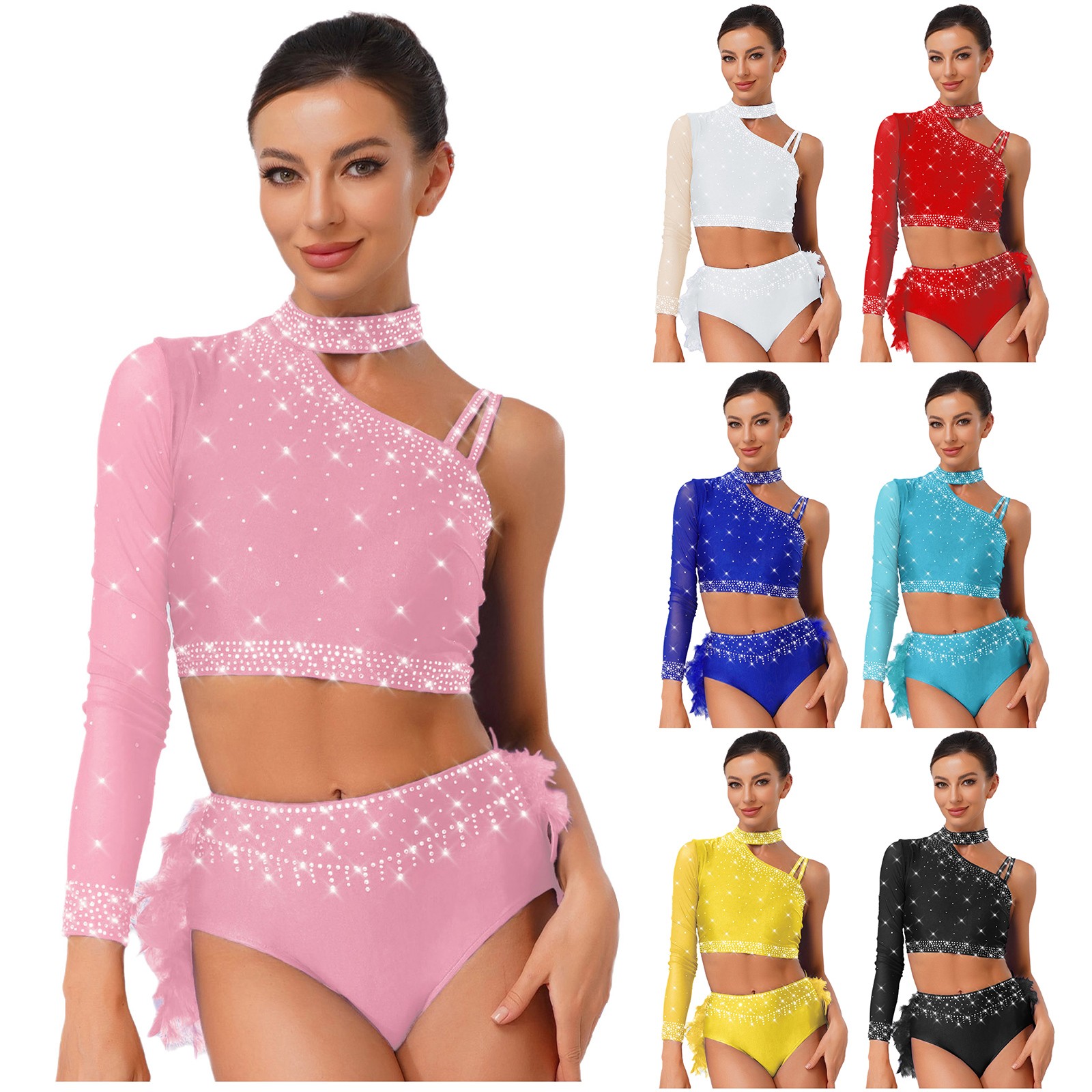 US Women's Shiny Lyrical Ballet Crop Top Single Long Sleeve Contemporary Costume