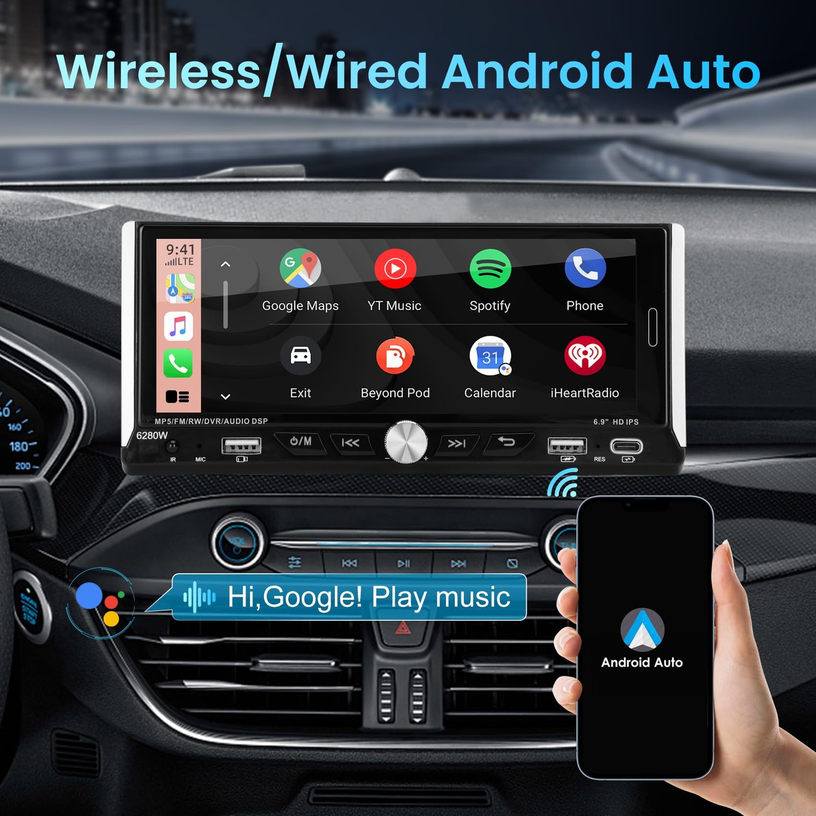 6.86' Single Din Touchscreen Car Stereo with Wireless Apple Carplay Android
