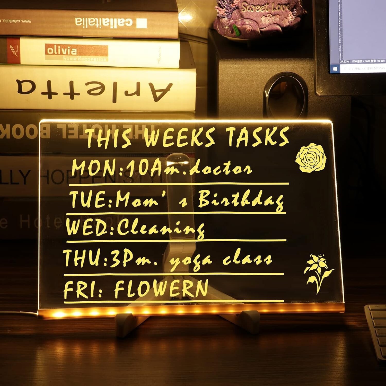 Acrylic LED Note Board, Illuminated Memo, Reusable Easy Erase, Glowing Letters