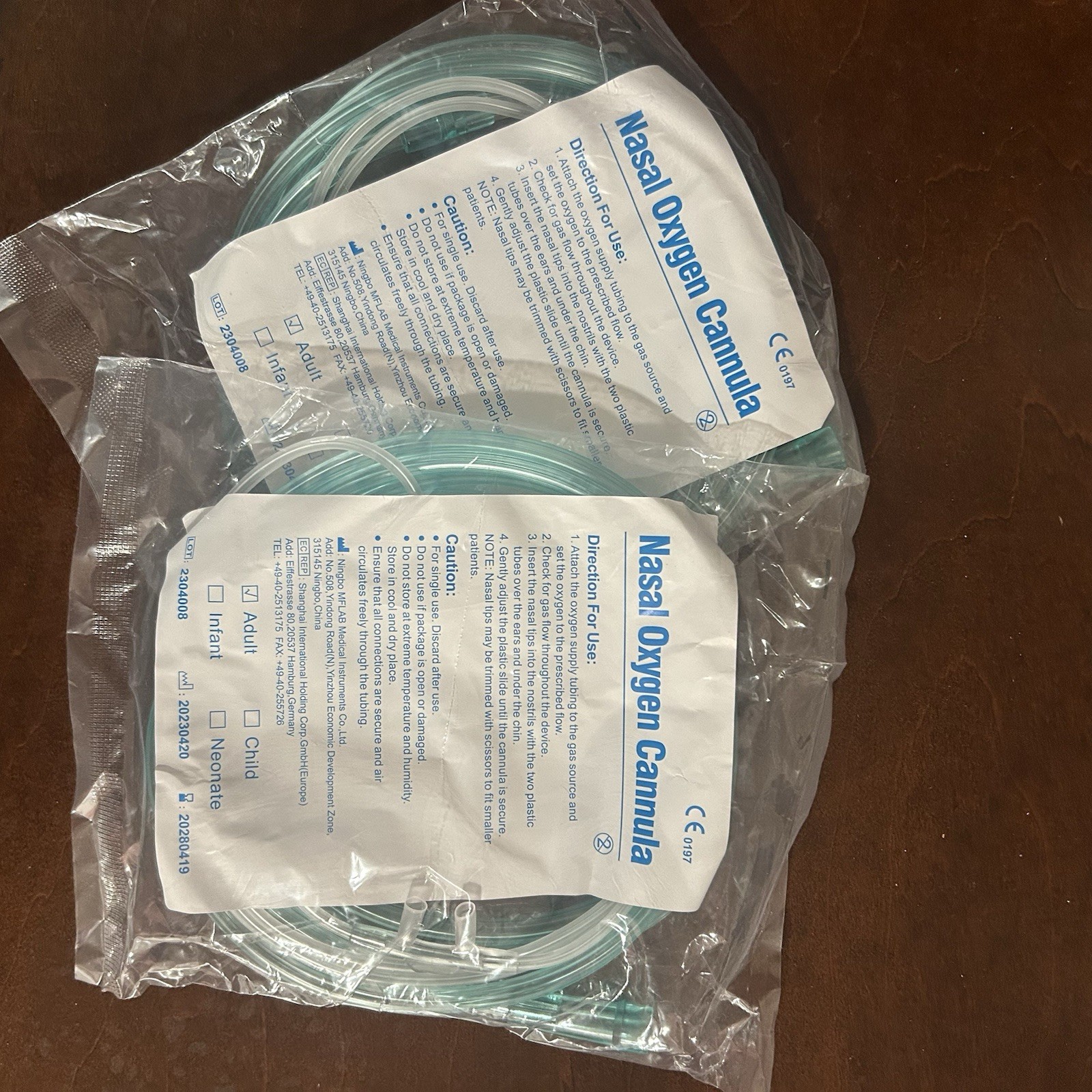 Lot of 2 Nasal Oxygen Cannula Adult Size 7 ft Green Tubing Individually Sealed