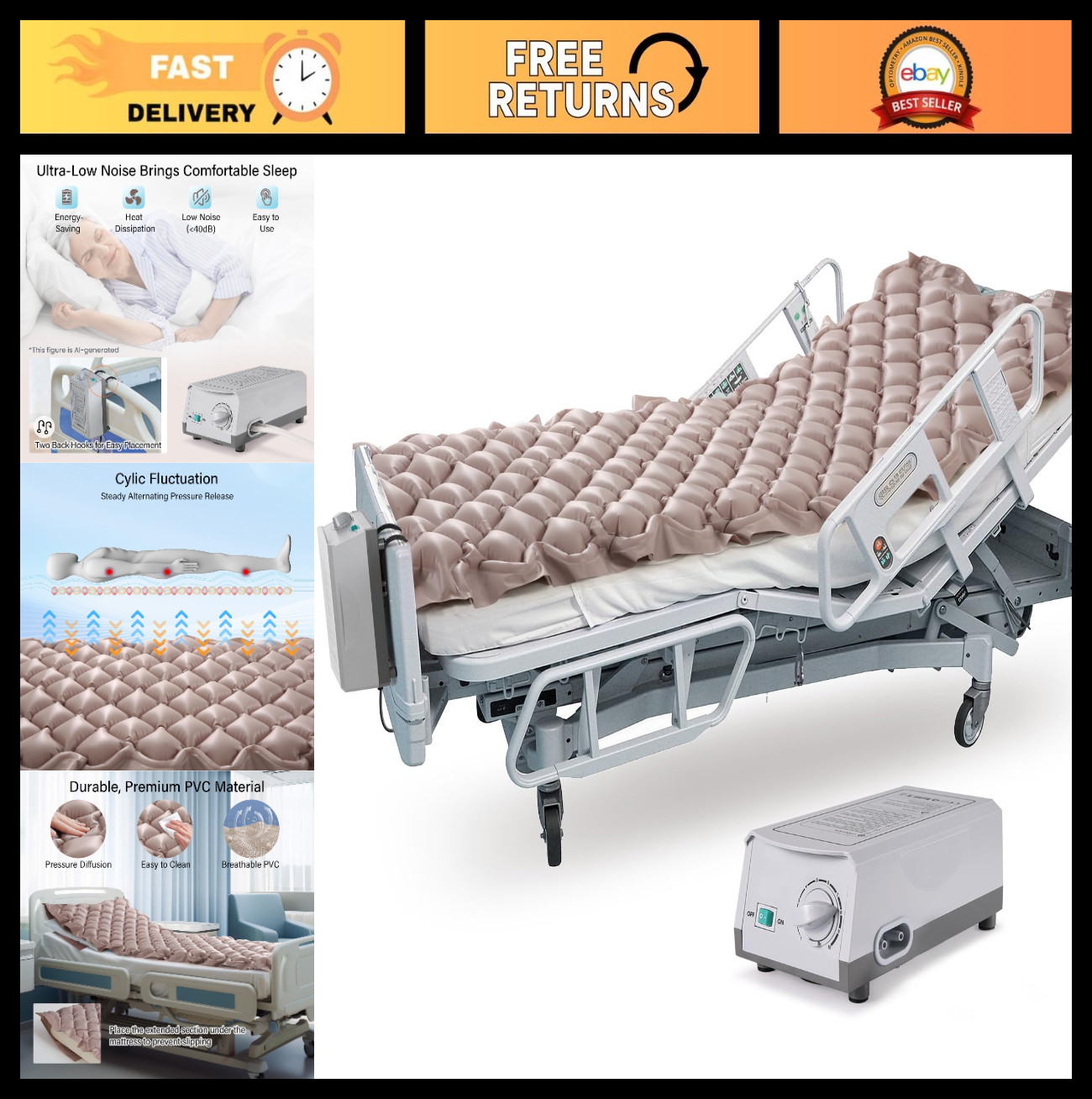 Alternating Pressure Mattress Pad with Quiet Pump - Anti-Decubitus Air System, 7