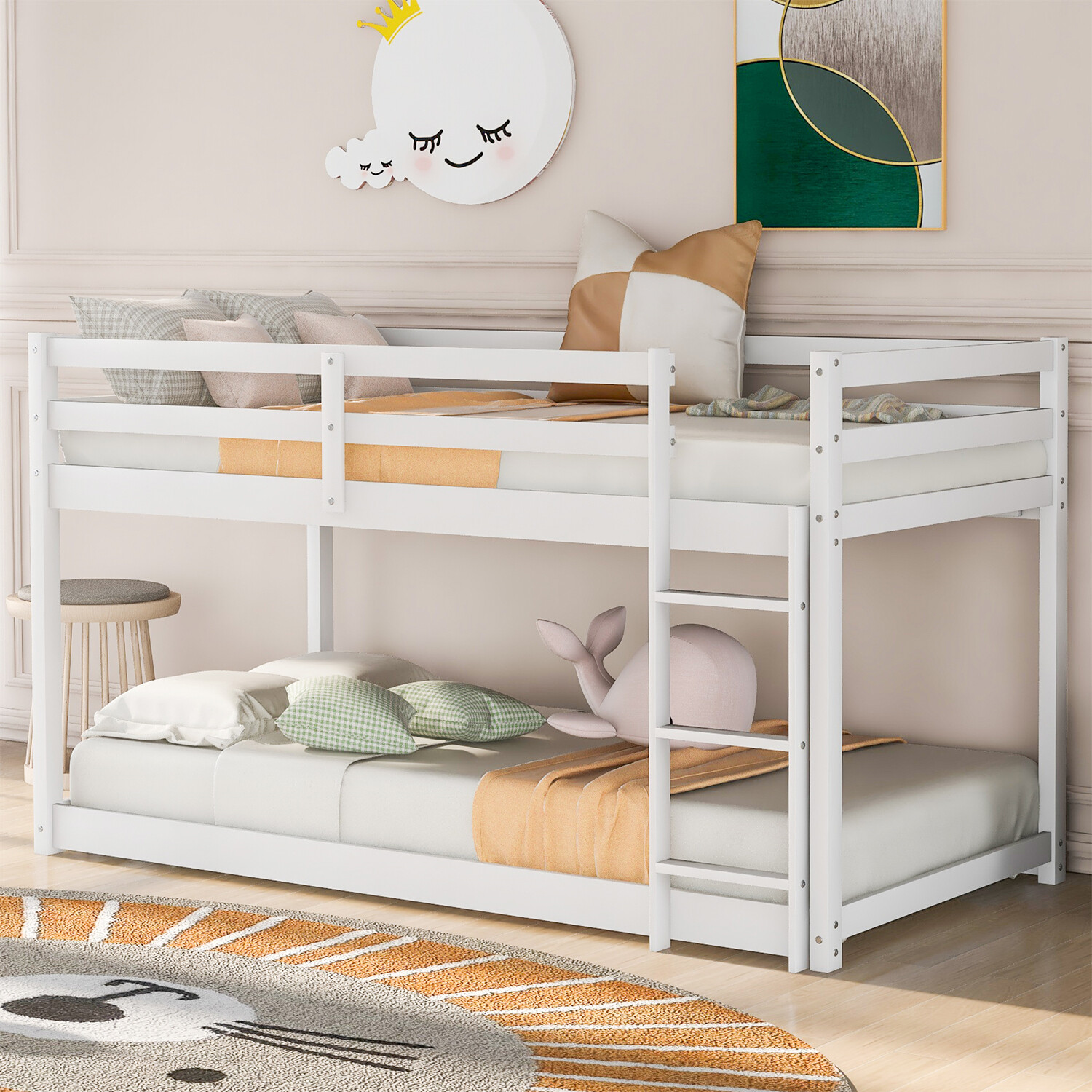 Twin Over Twin Floor Bunk Bed Wood Bed Frame w/ Ladder White/Grey