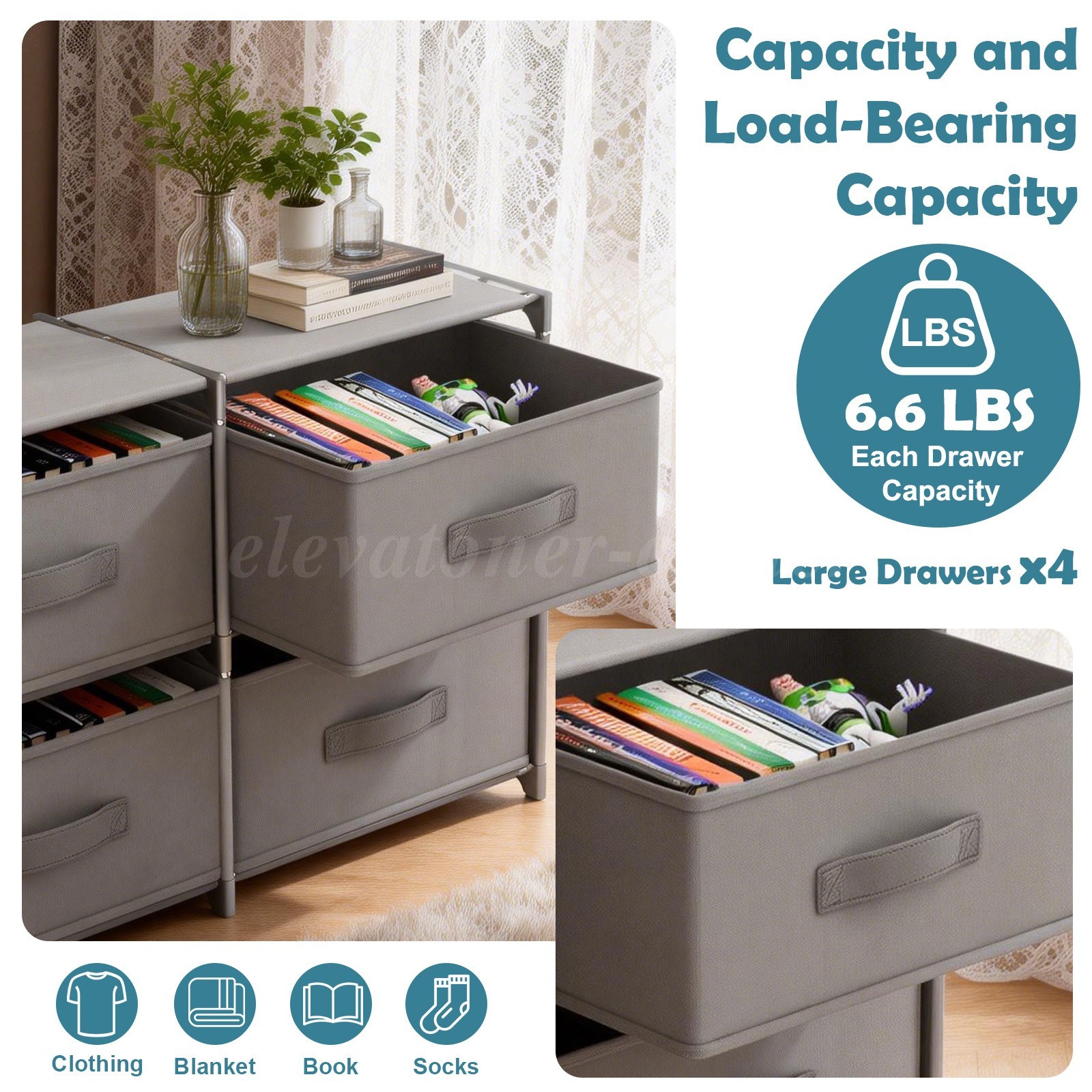 Non-Woven Fabric Multi-Functional Storage Cabinet, Double Row 4-Drawer, Grey