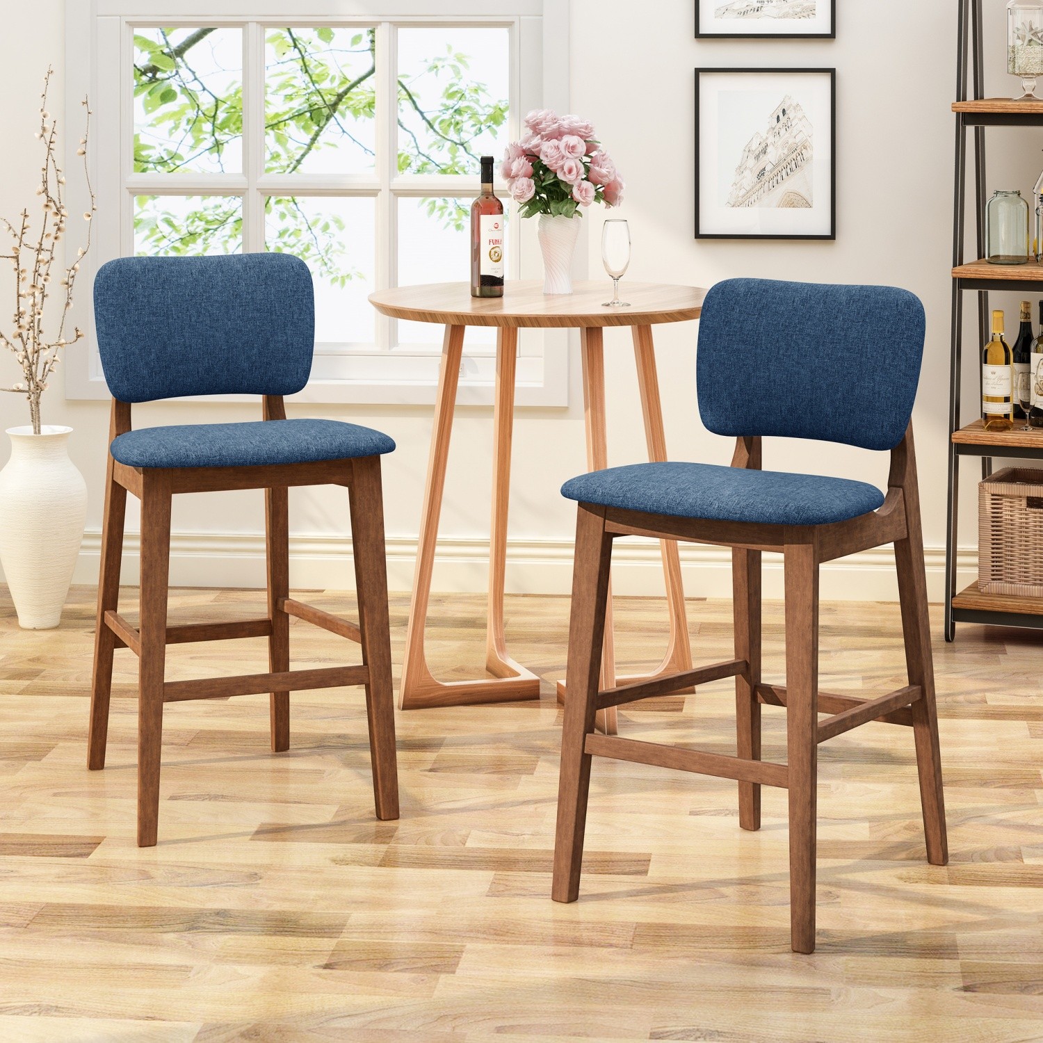 Set of 2 Bar Stools Fabric Upholstered Counter Height Bar Chairs w/ Wooden Frame