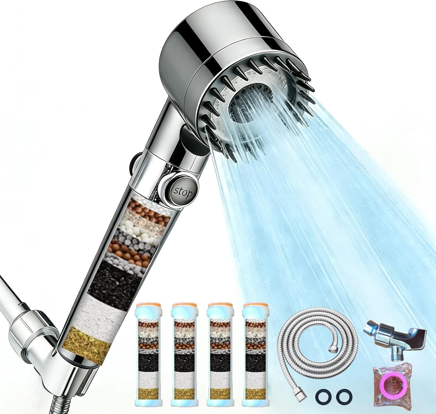 Filtered Shower Head Handheld High Pressure Hard Water 4 Filters 4 Spray Modes